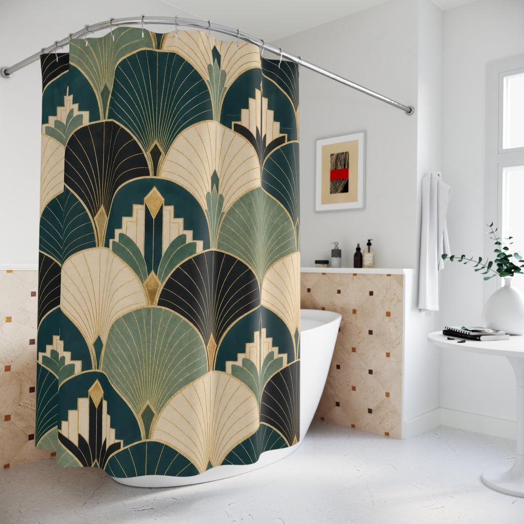 Art Deco Shower Curtain, Teal Gold Fan Geometric Pattern, Glam Green Bathroom Decor, Elegant Teal Glam Wall Decor Guest Bath Wall Gift