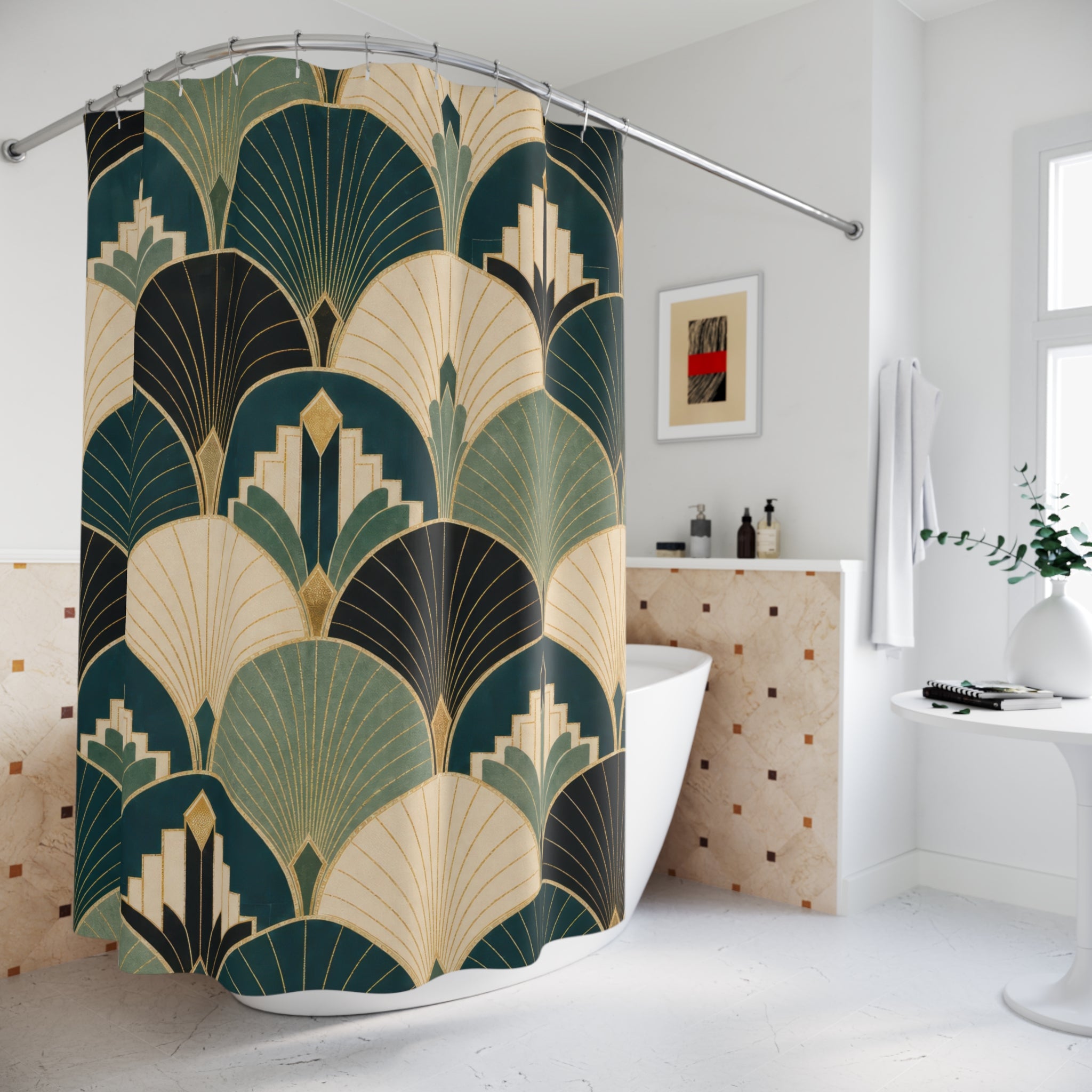 Art Deco Shower Curtain, Teal Gold Fan Geometric Pattern, Glam Green Bathroom Decor, Elegant Teal Glam Wall Decor Guest Bath Wall Gift