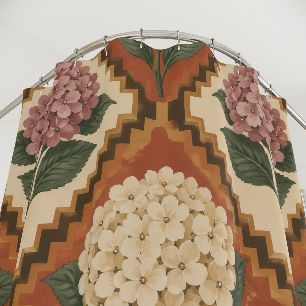 Mauve and cream hydrangeas inside terracotta diamonds shower curtain with close-up print, hooks, and folds