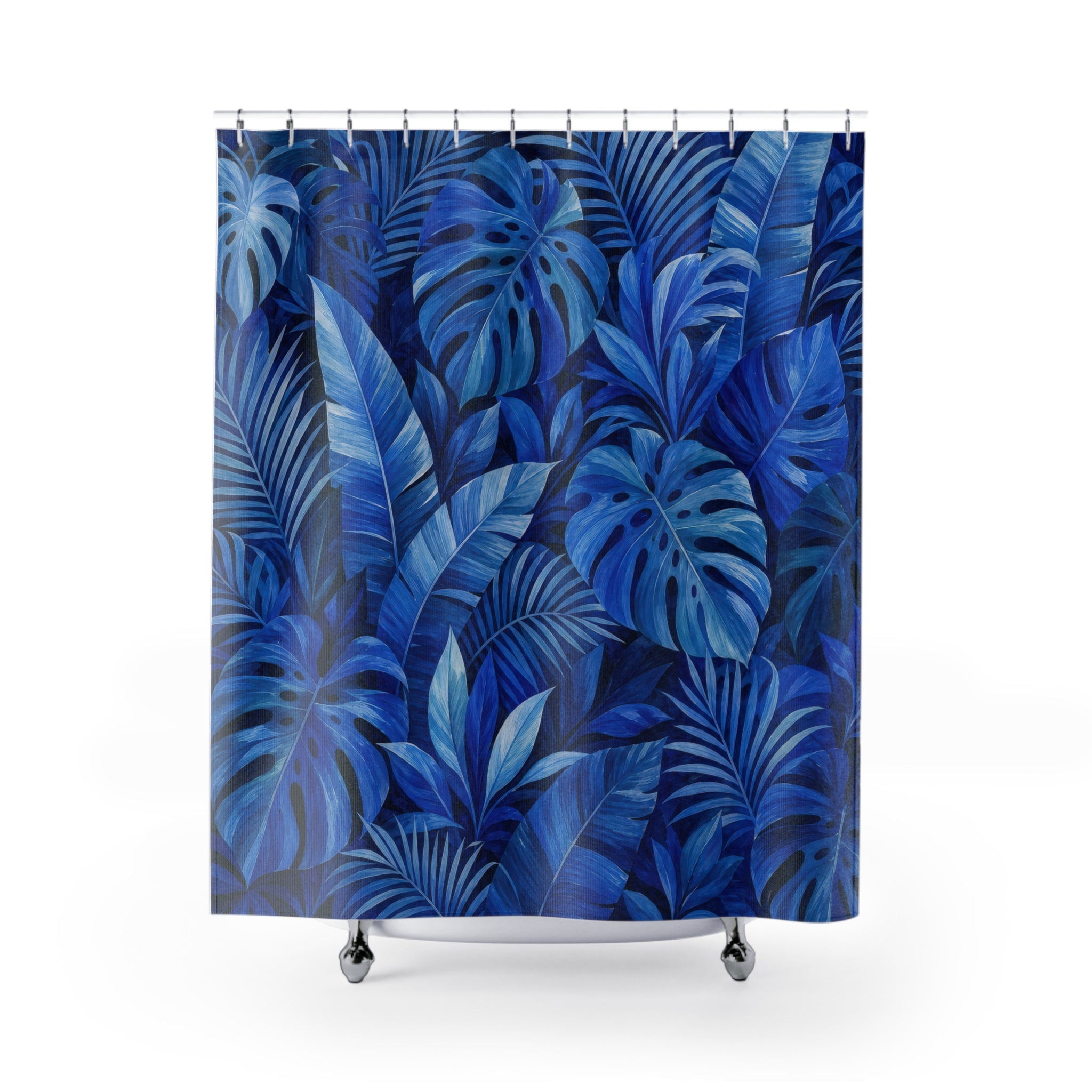 Blue Tropical Leaf Shower Curtain, Navy Blue Coastal Bathroom Decor, Tropical Leaf Bath Curtain, Guest Bath Decor, Small Bathroom Decor