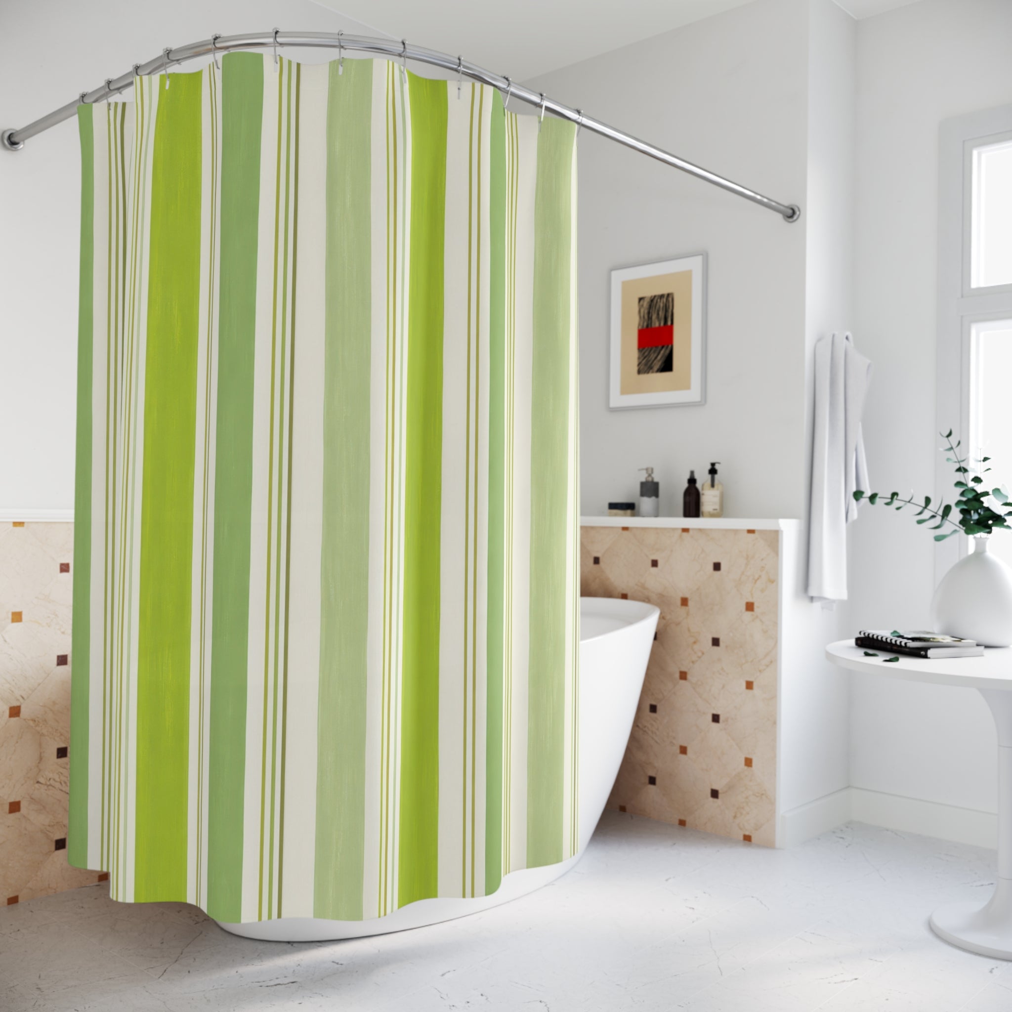 Lime Green White Vertical Stripe Shower Curtain