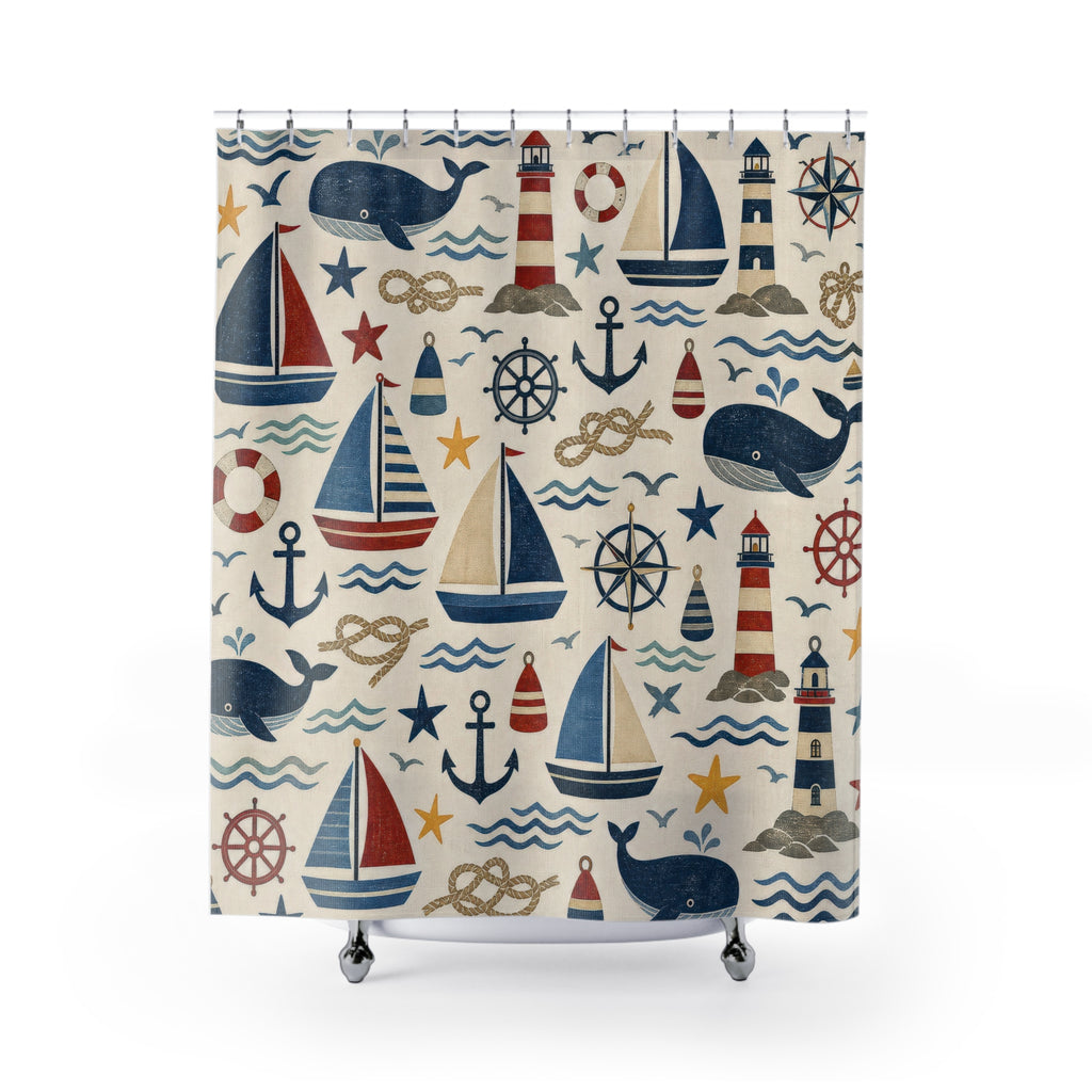 Nautical Kids Shower Curtain, Navy Sailboat Bathroom Decor, Whale Anchor Bath Curtain, Boys Bathroom Decor, Coastal Bath Decor, Kids Bath