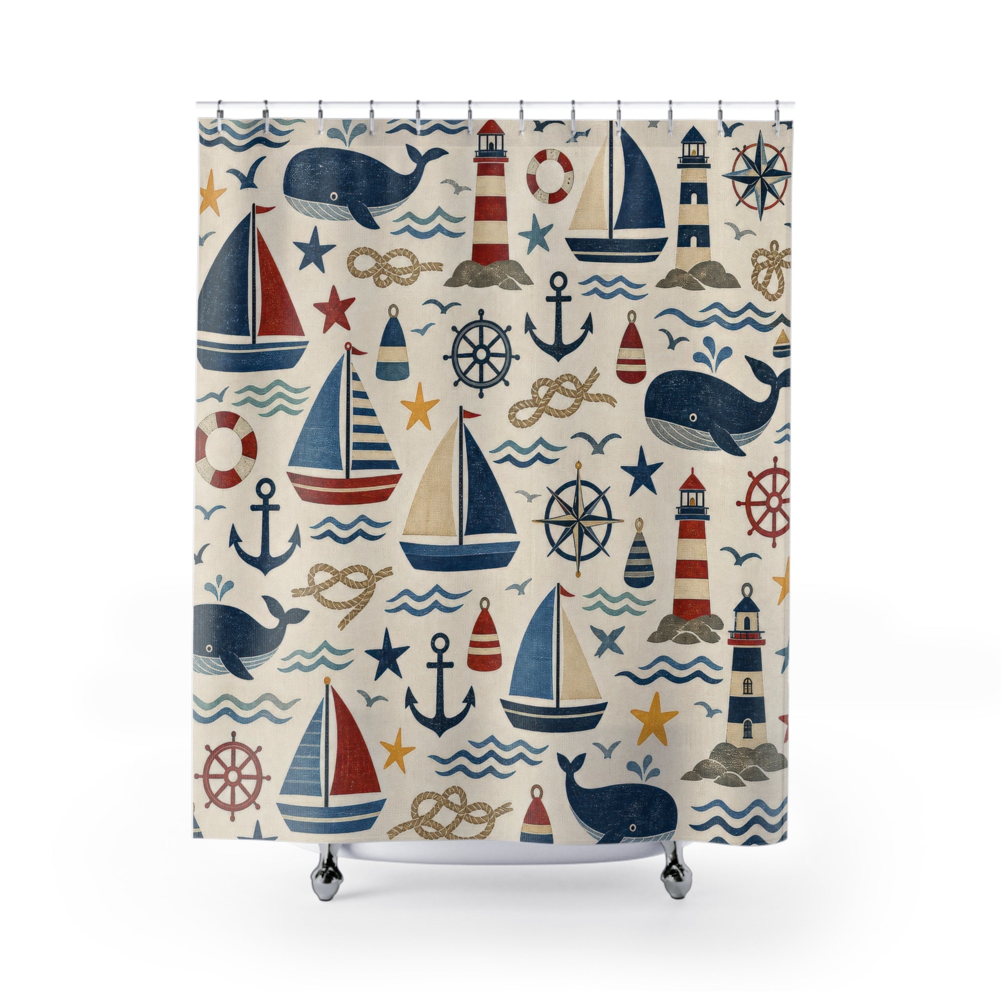Nautical Kids Shower Curtain, Navy Sailboat Bathroom Decor, Whale Anchor Bath Curtain, Boys Bathroom Decor, Coastal Bath Decor, Kids Bath