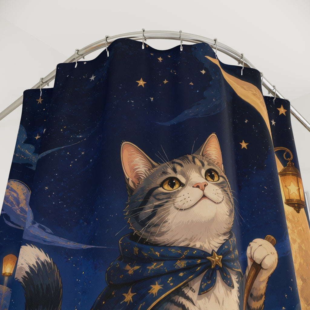 Cat sailing a crescent moon boat above indigo clouds shower curtain with close-up print, hooks, and folds