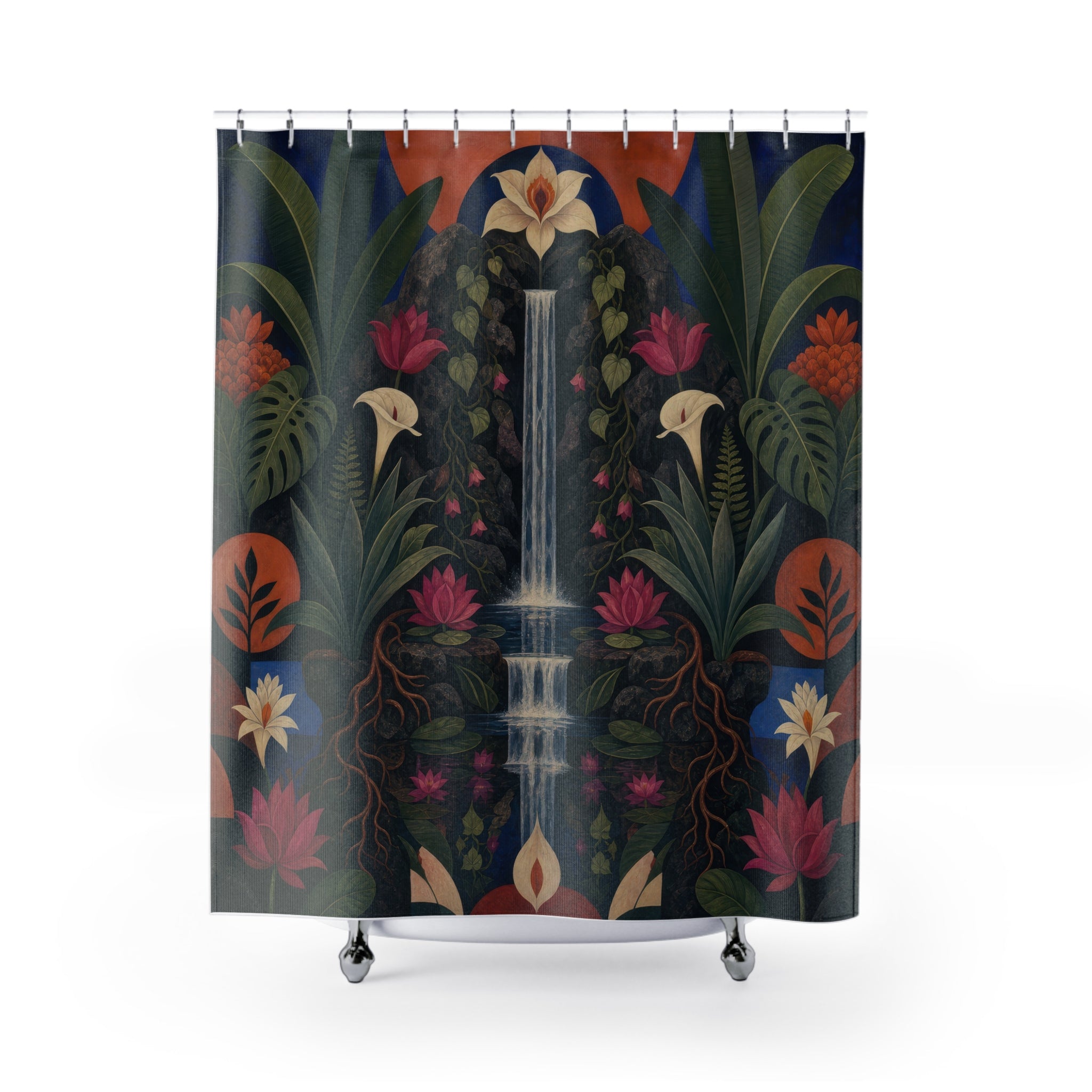 Dark Botanical Waterfall Print Shower Curtain