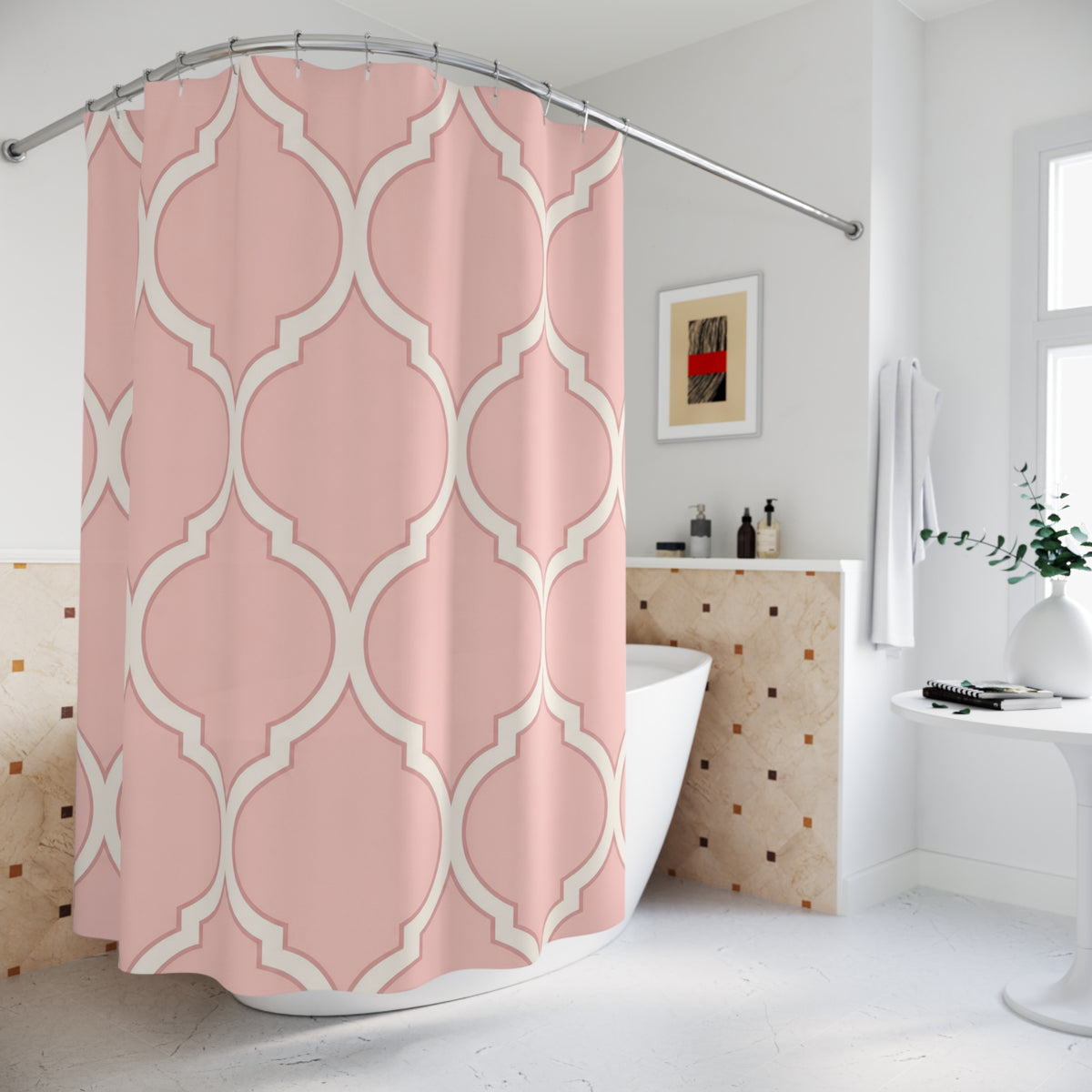 Blush pink and ivory repeating ogee curves shower curtain beside a freestanding tub