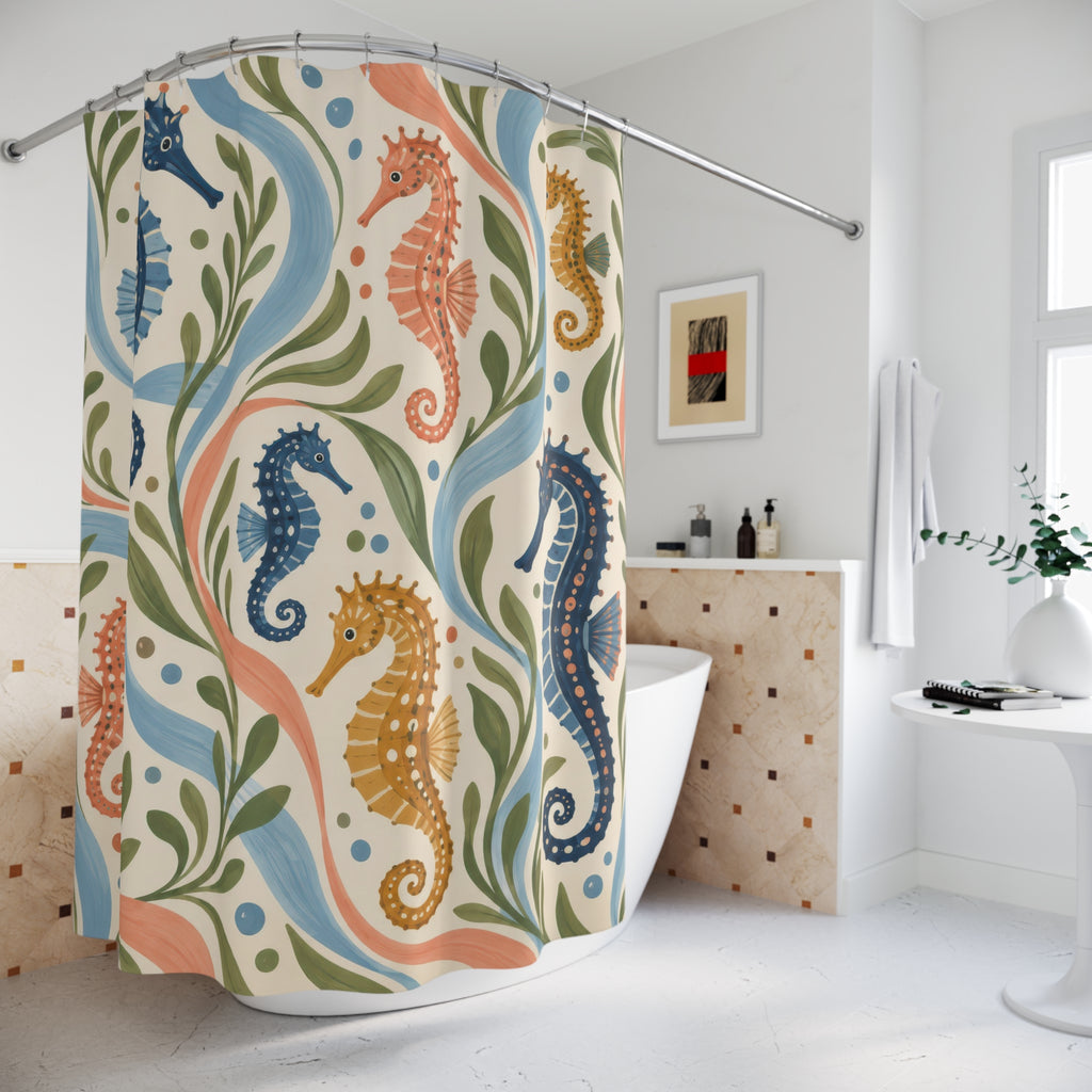 Navy coral and ochre seahorses on cream shower curtain beside a freestanding tub