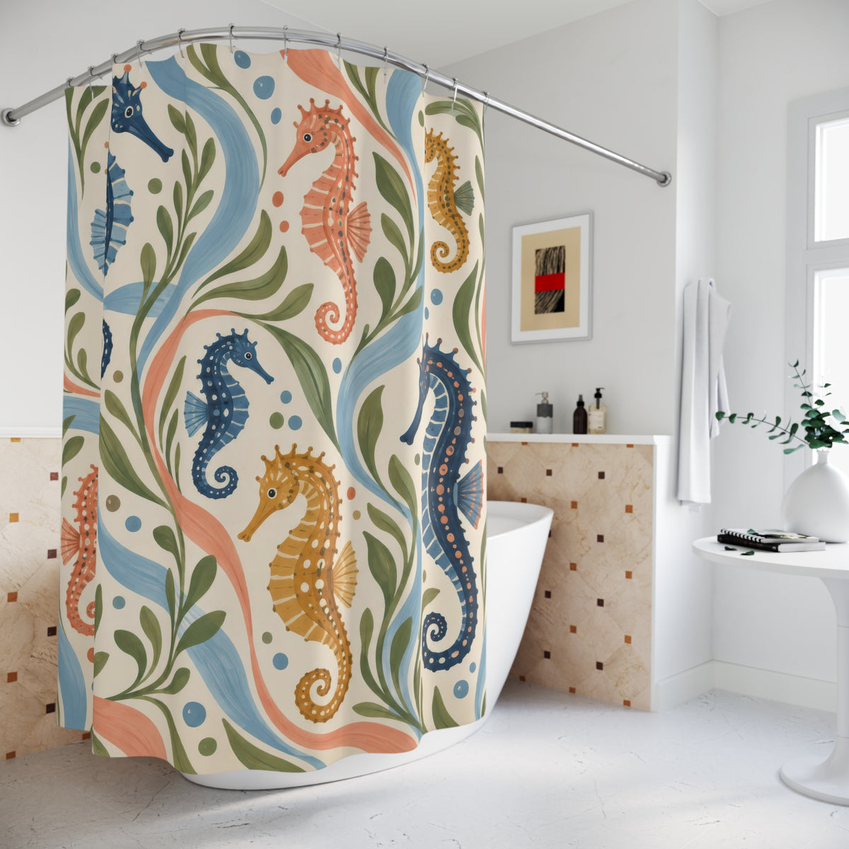 Navy coral and ochre seahorses on cream shower curtain beside a freestanding tub