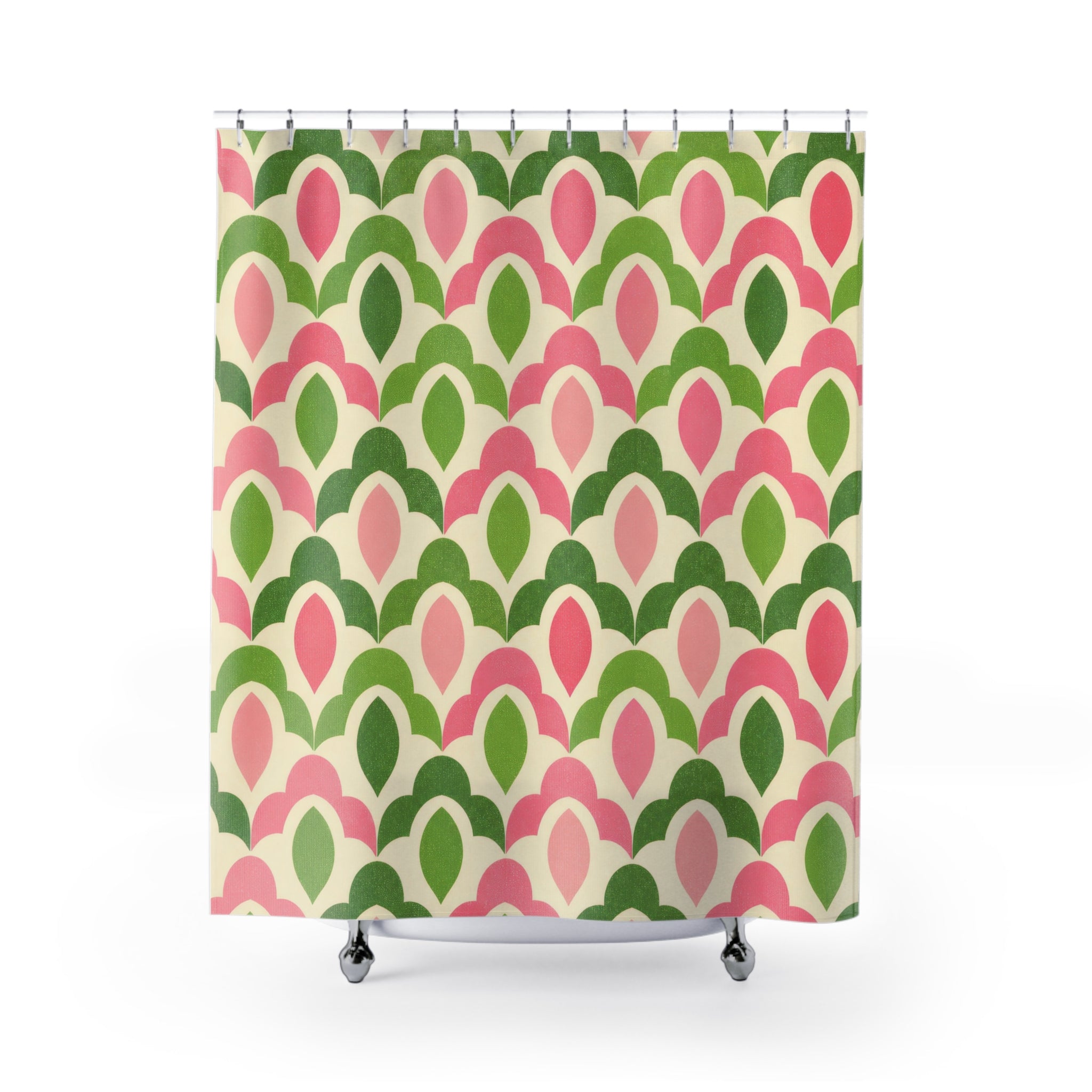 Green and pink interlocking scallop lattice shower curtain with full front view