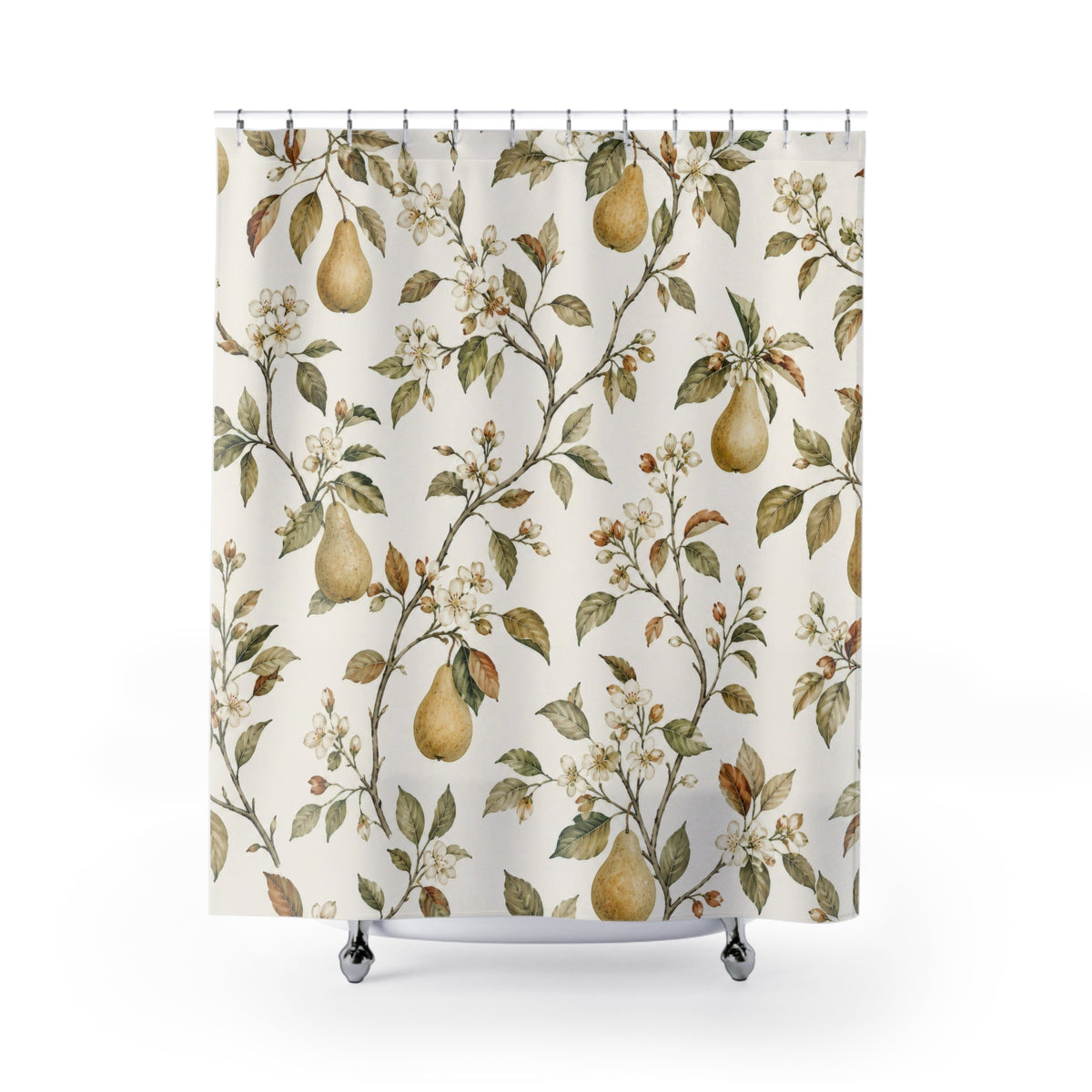 Pear Blossom Botanical fruit pattern shower curtain with full front view