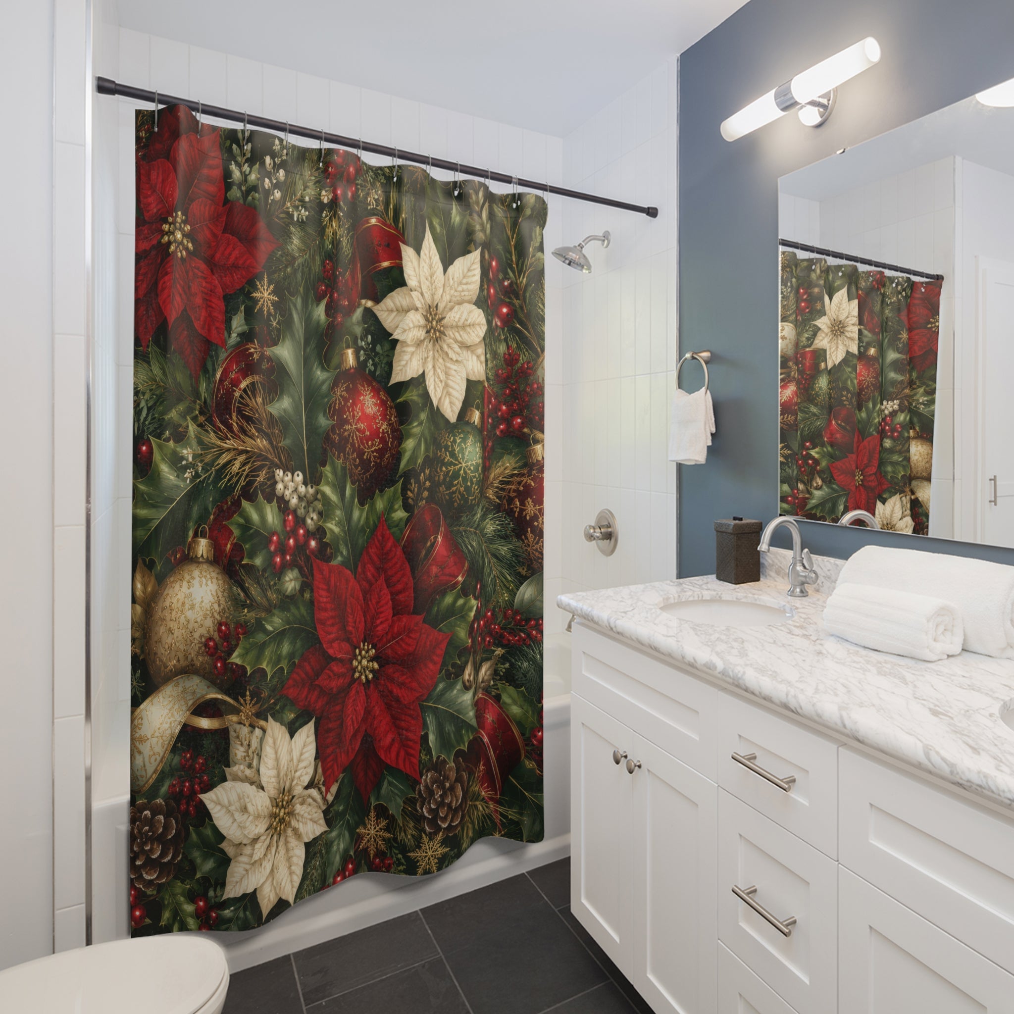 Christmas Shower Curtain: Red Green Gold Poinsettia