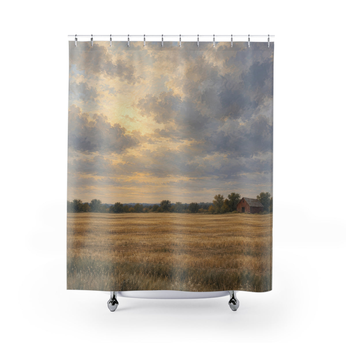 Red barn beyond golden fields shower curtain with full front view