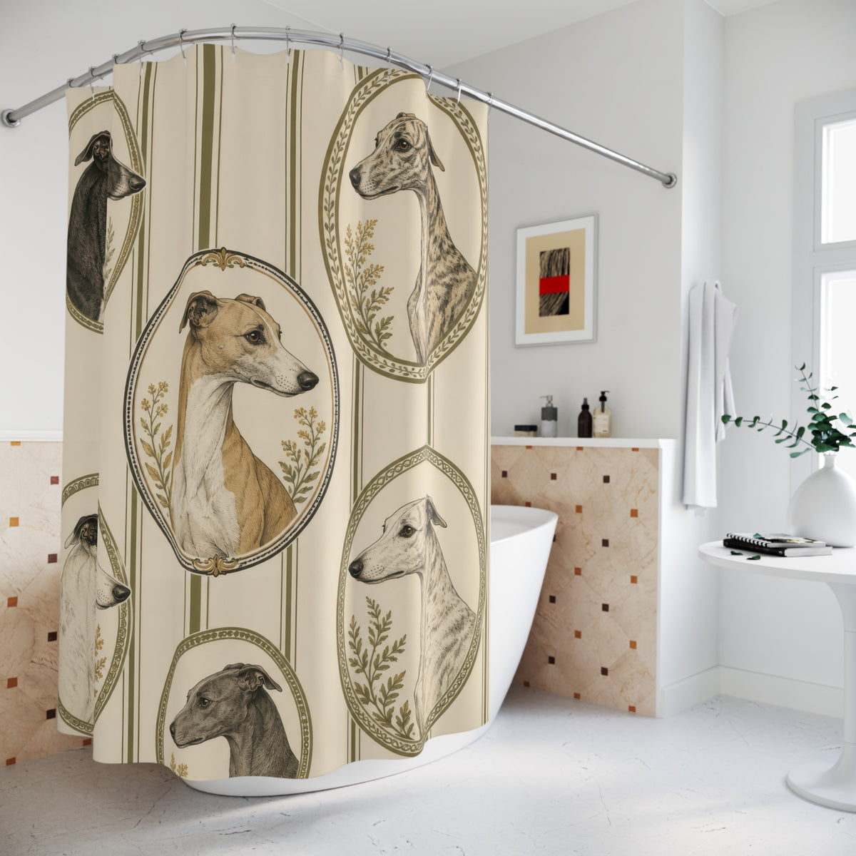 Whippet portraits over olive ticking stripes shower curtain beside a freestanding tub