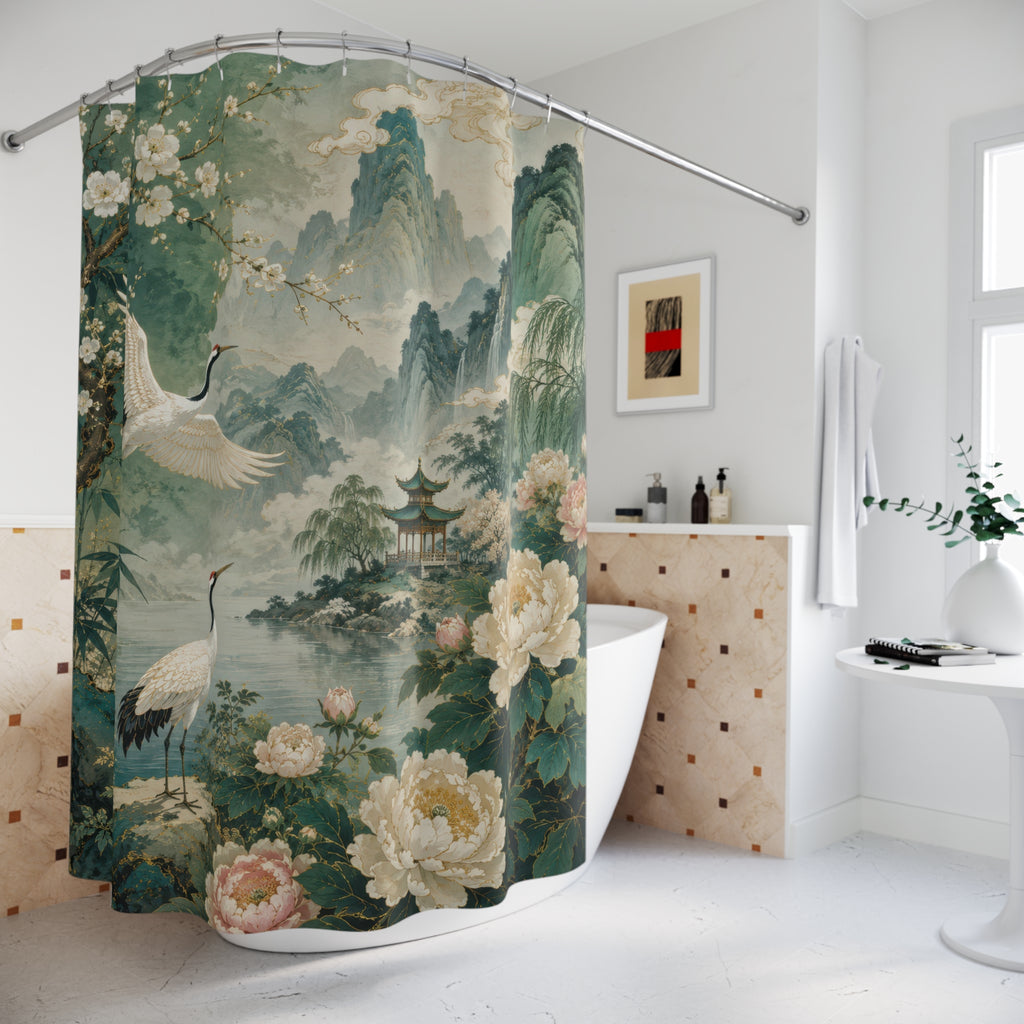 Chinese Shower Curtain: Jade Chinoiserie Crane Landscape