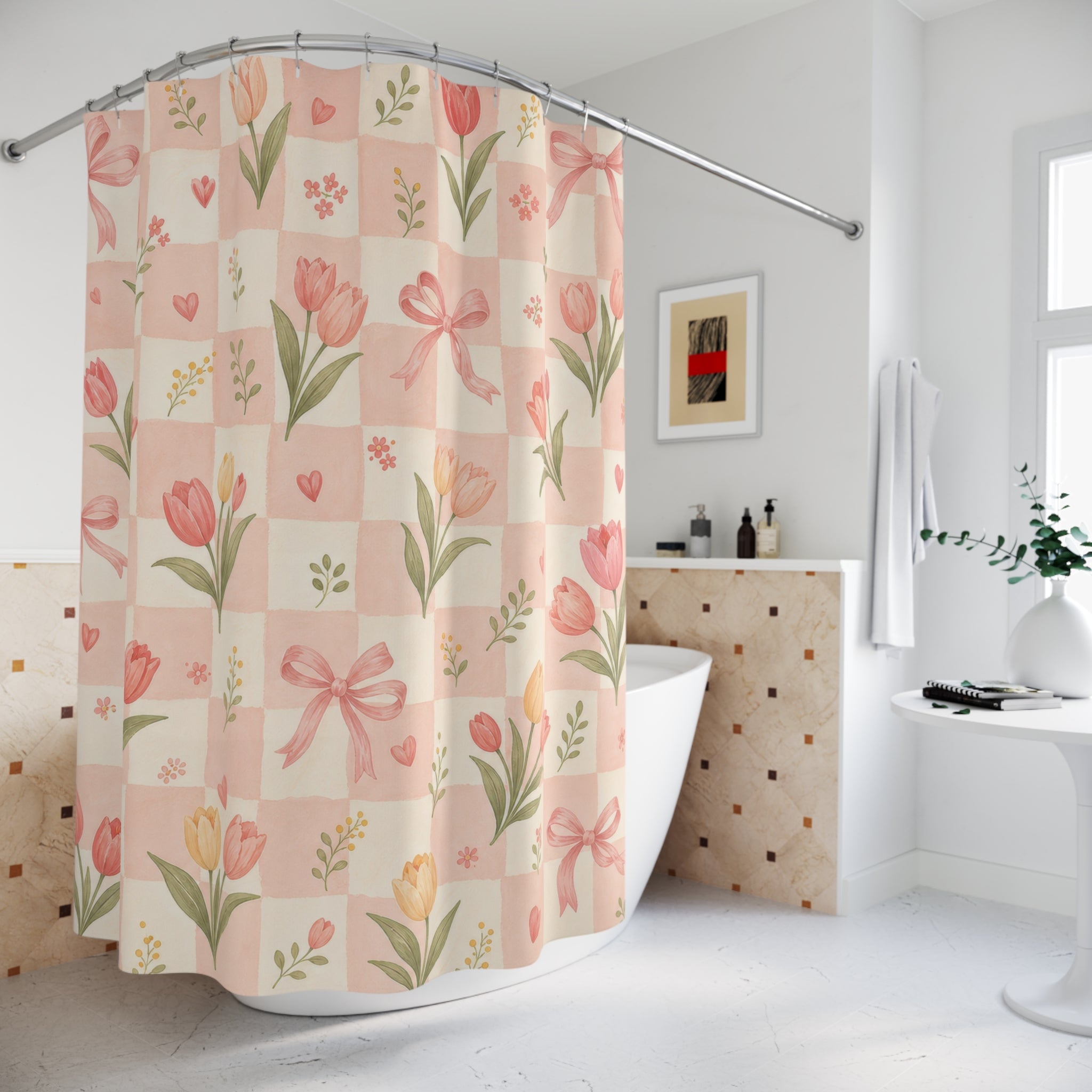Cute Bow Checker Pink Shower Curtain