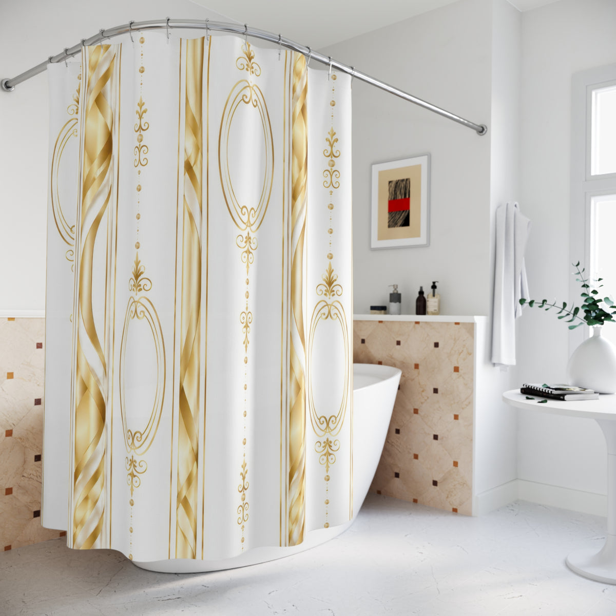 Gold Regency ribbons and vertical ornament on white shower curtain beside a freestanding tub