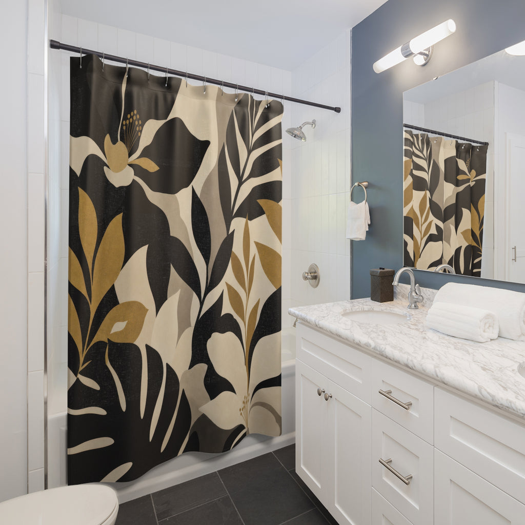 Gold Tropical Leaf Black Floral Shower Curtain