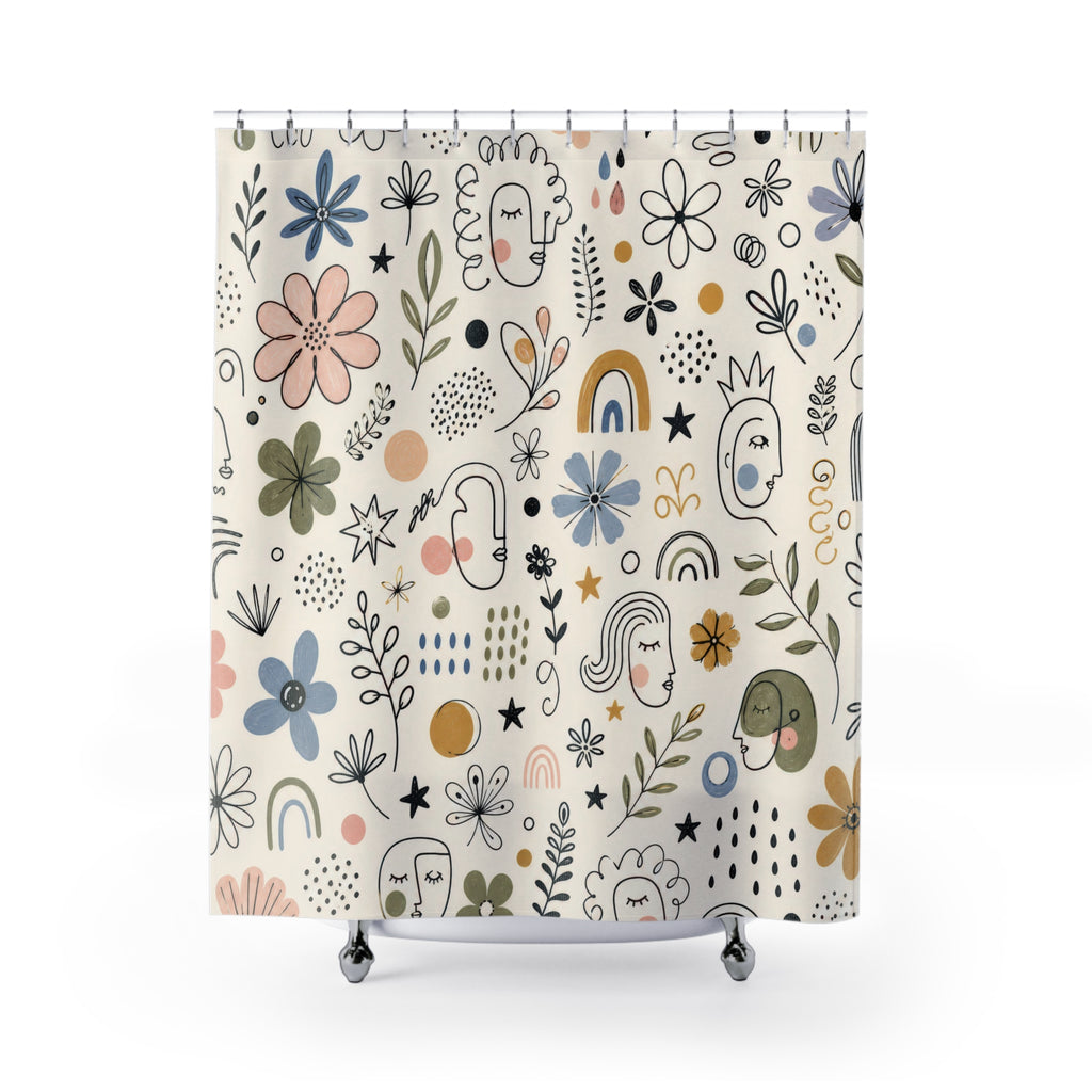 Doodle Flower Shower Curtain, Hand Drawn Floral Repeat Bath Decor, Black Ivory Sage Blush Pattern, Playful Modern Guest Bathroom Decor