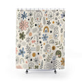 Doodle Flower Shower Curtain, Hand Drawn Floral Repeat Bath Decor, Black Ivory Sage Blush Pattern, Playful Modern Guest Bathroom Decor