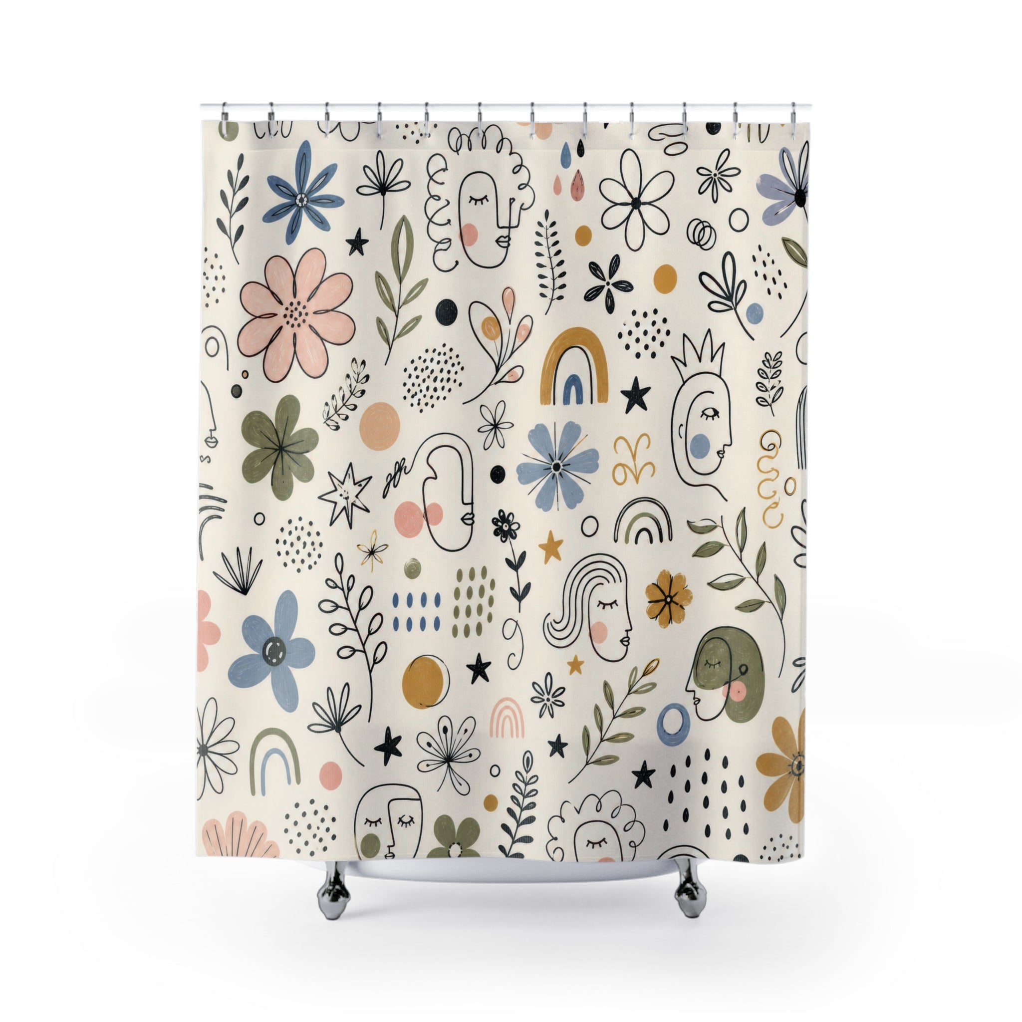Doodle Flower Shower Curtain, Hand Drawn Floral Repeat Bath Decor, Black Ivory Sage Blush Pattern, Playful Modern Guest Bathroom Decor