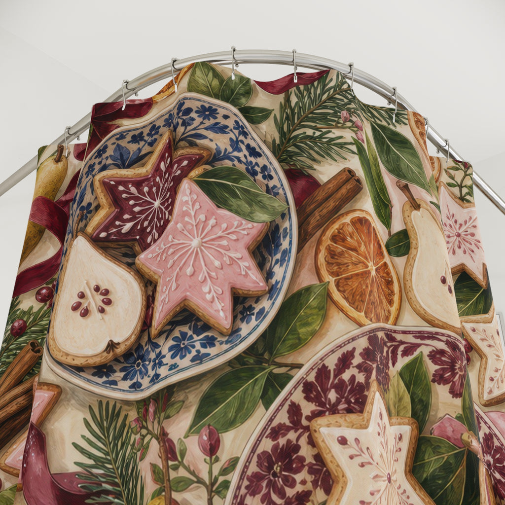 Christmas Baking Shower Curtain, Pink Burgundy Cookie Pear Holiday Pattern, Olive Winter Kitchen-Inspired Bathroom Decor, Festive Guest Bath