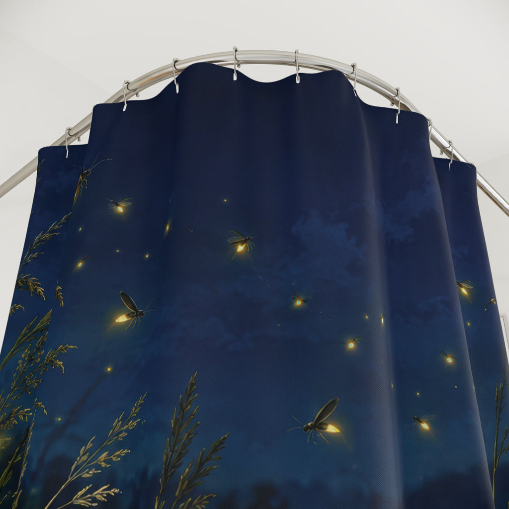 Golden fireflies over green meadow grasses beneath a navy sky shower curtain with close-up print, hooks, and folds