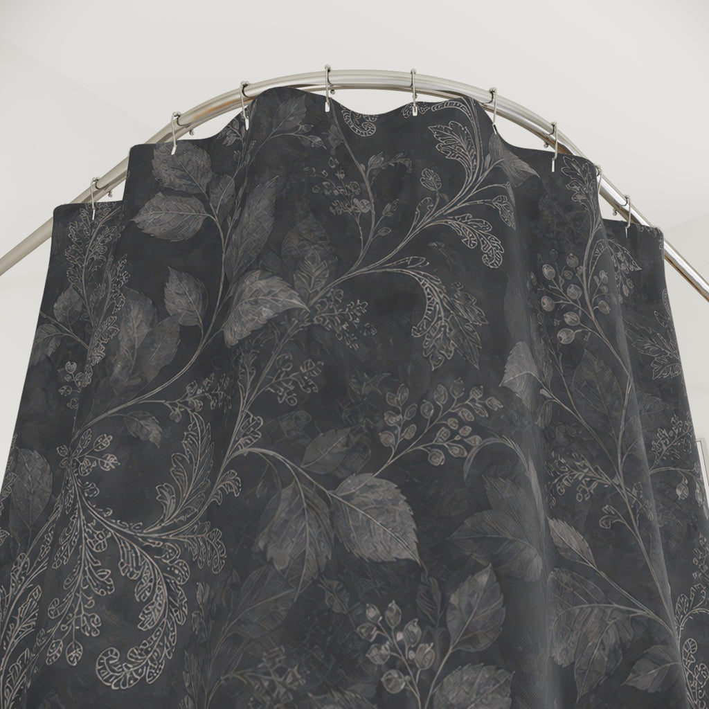 Dark Floral Shower Curtain, Gray Botanical Bath Decor, Ornamental Vine Pattern, Moody Guest Bathroom Decor, Classic Neutral Gray Style