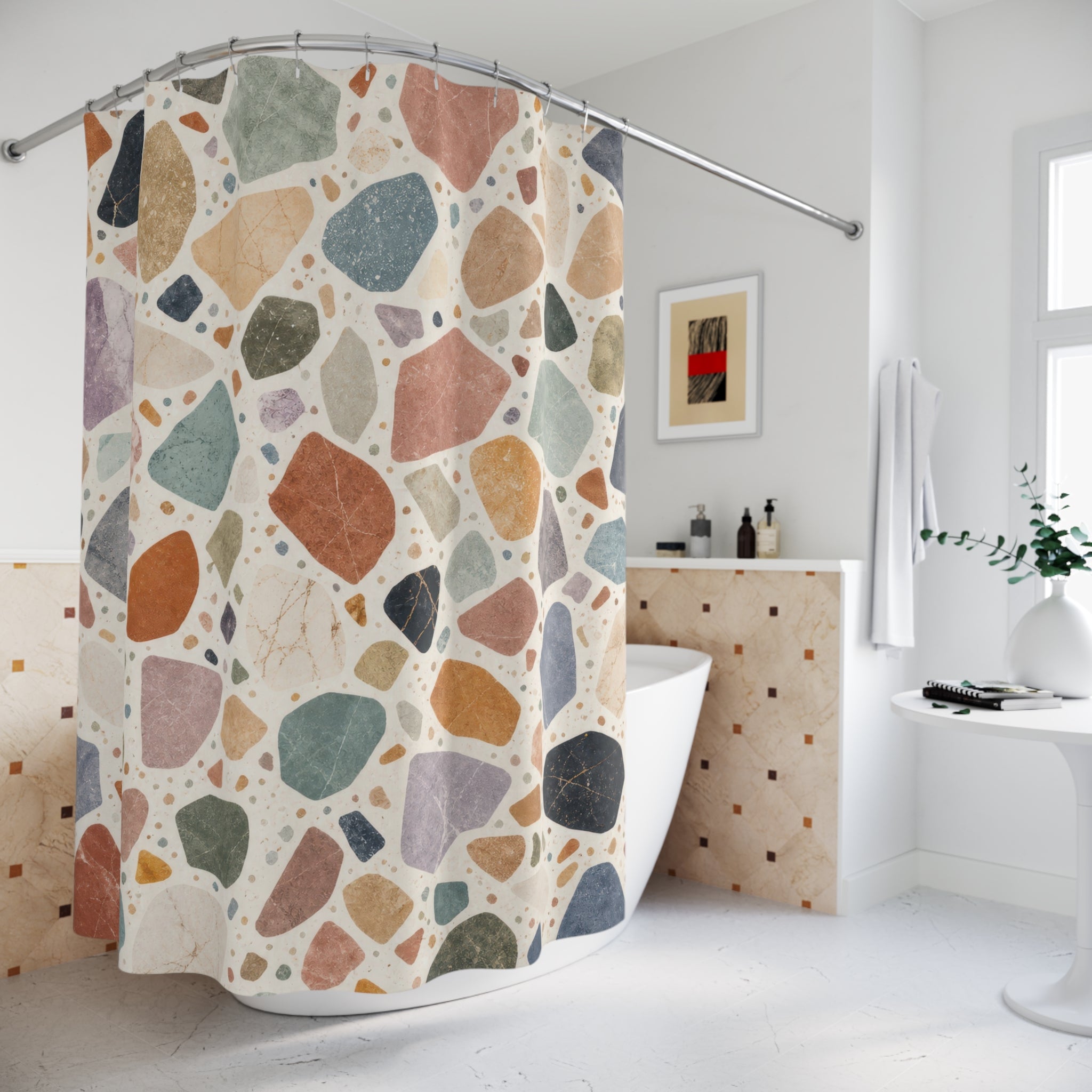Unique Terrazzo Shower Curtain, Modern Multicolor Stone Chip Pattern, Cream Rust Blue Bathroom Decor, Graphic Guest Bath, Apartment Style