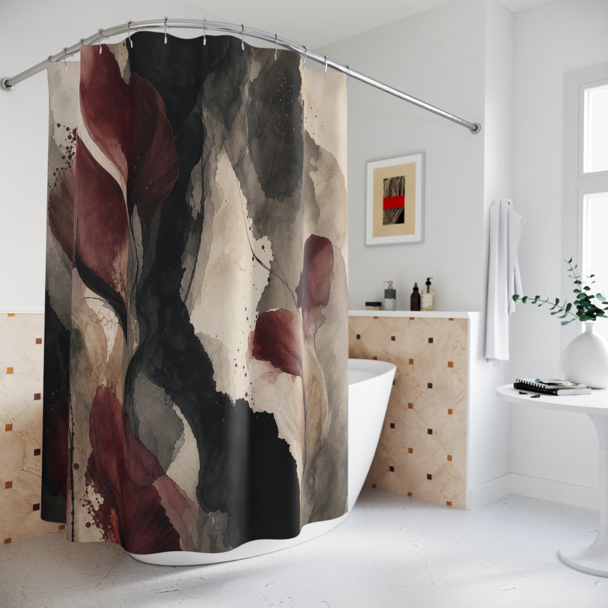 Black Burgundy Watercolor Dark Floral Shower Curtain