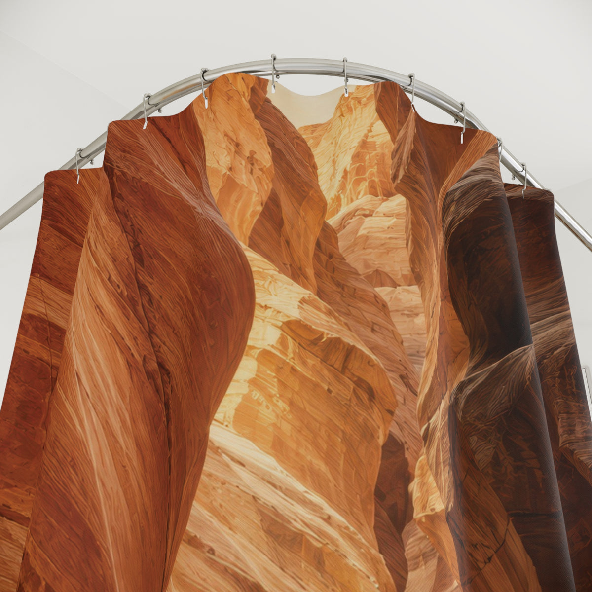 Terracotta sandstone canyon with a pale winding passage shower curtain with close-up print, hooks, and folds