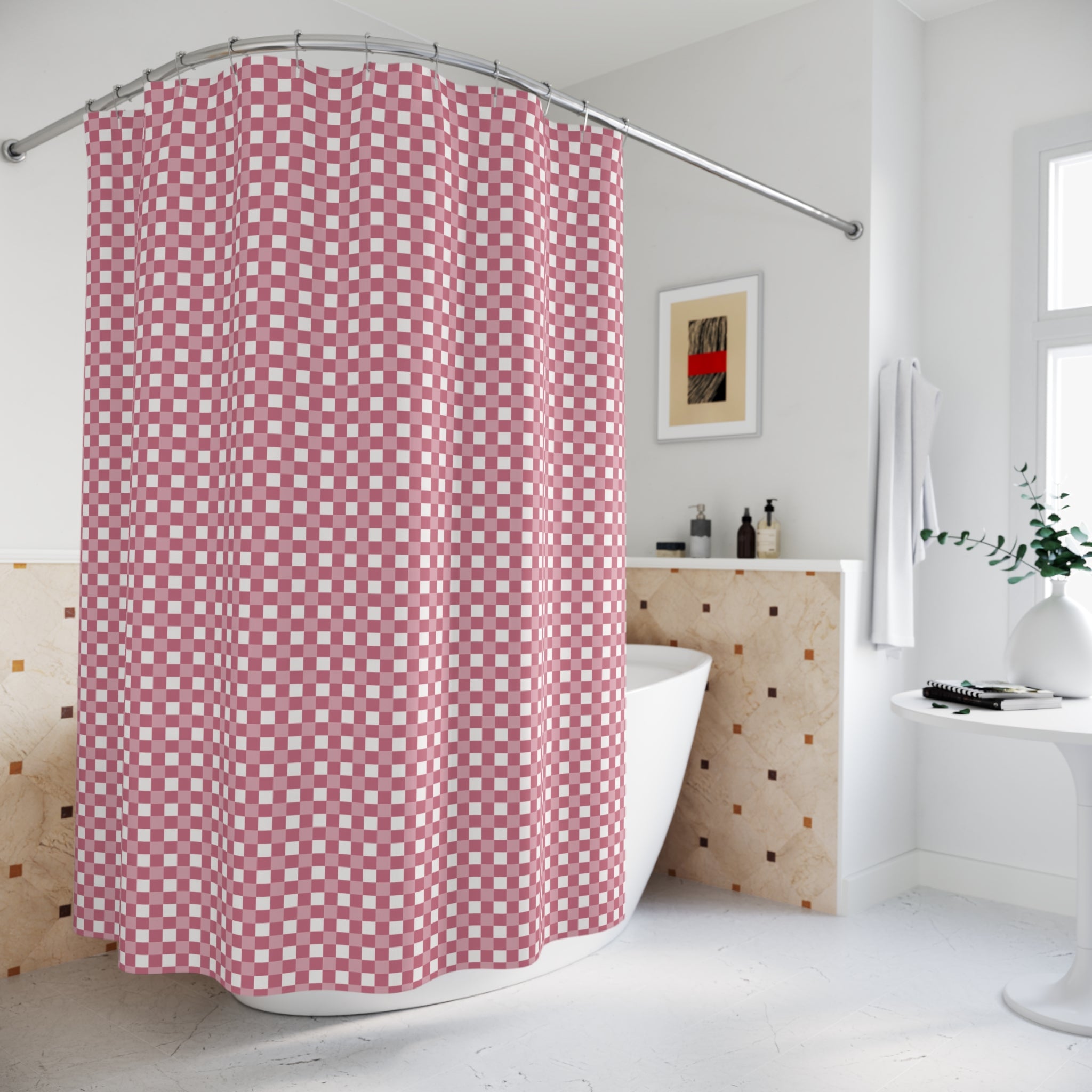 Pink & White Gingham Shower Curtain – Dusty Rose