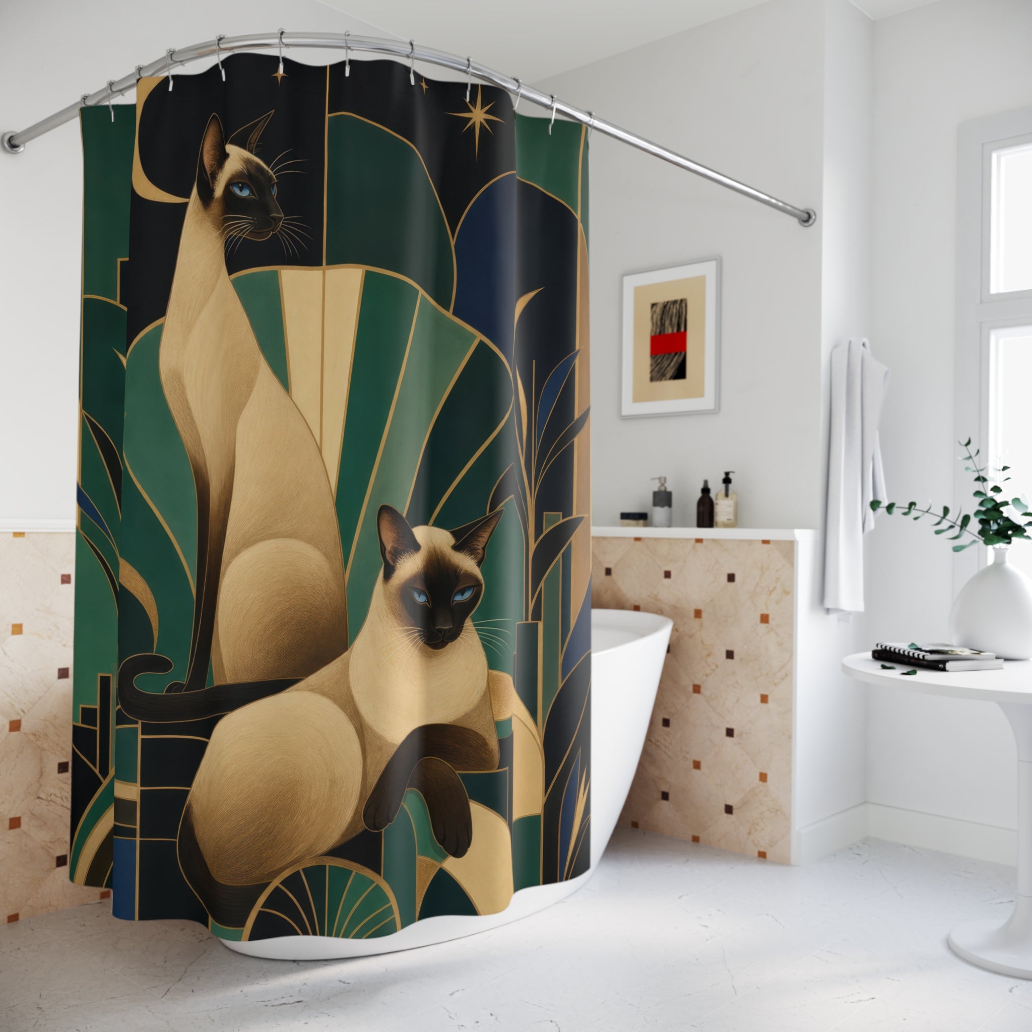 Art Deco Siamese Cat Shower Curtain