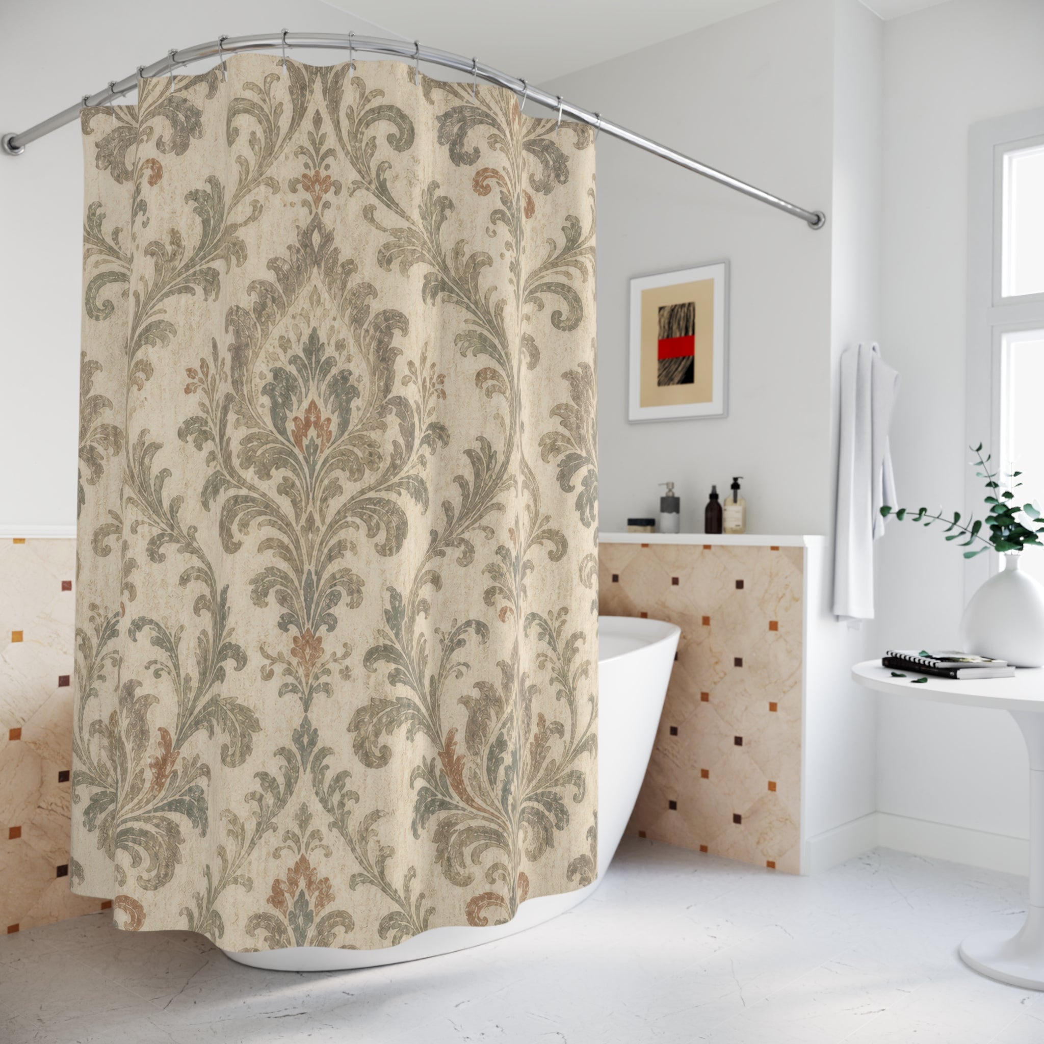 Beige Taupe Medallion Scroll Shower Curtain
