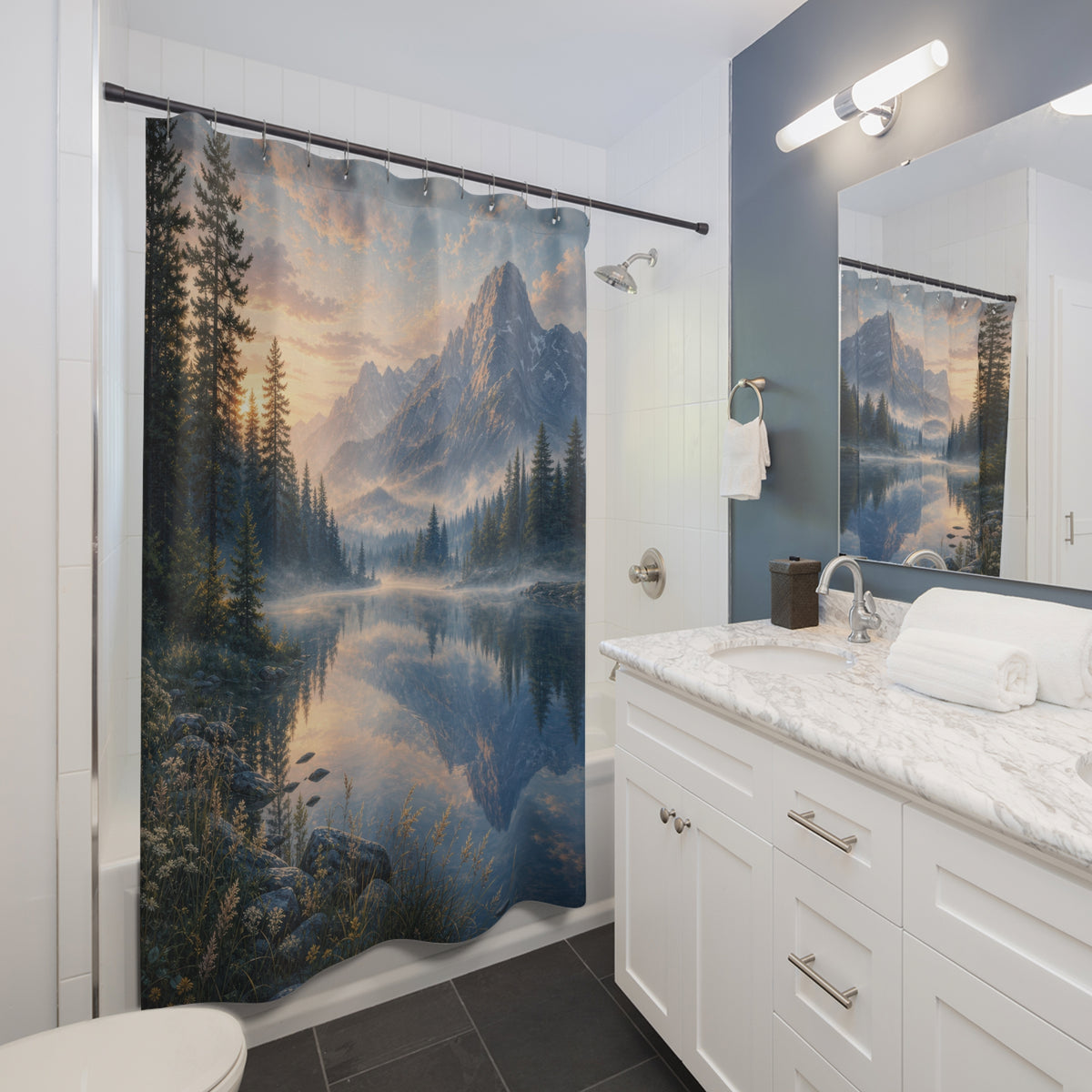 Misty Mountain Lake Dawn Shower Curtain