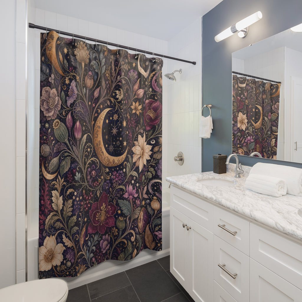 Unique Celestial Shower Curtain, Moon Floral Botanical Pattern, Purple Navy Star Decor, Moody Magical Guest Bath, Dark Floral Decor