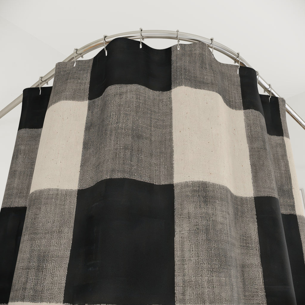 Buffalo Plaid Shower Curtain, Black White Farmhouse Bath Decor, Large Checkered Pattern, Classic Neutral Guest Bathroom Decor Style