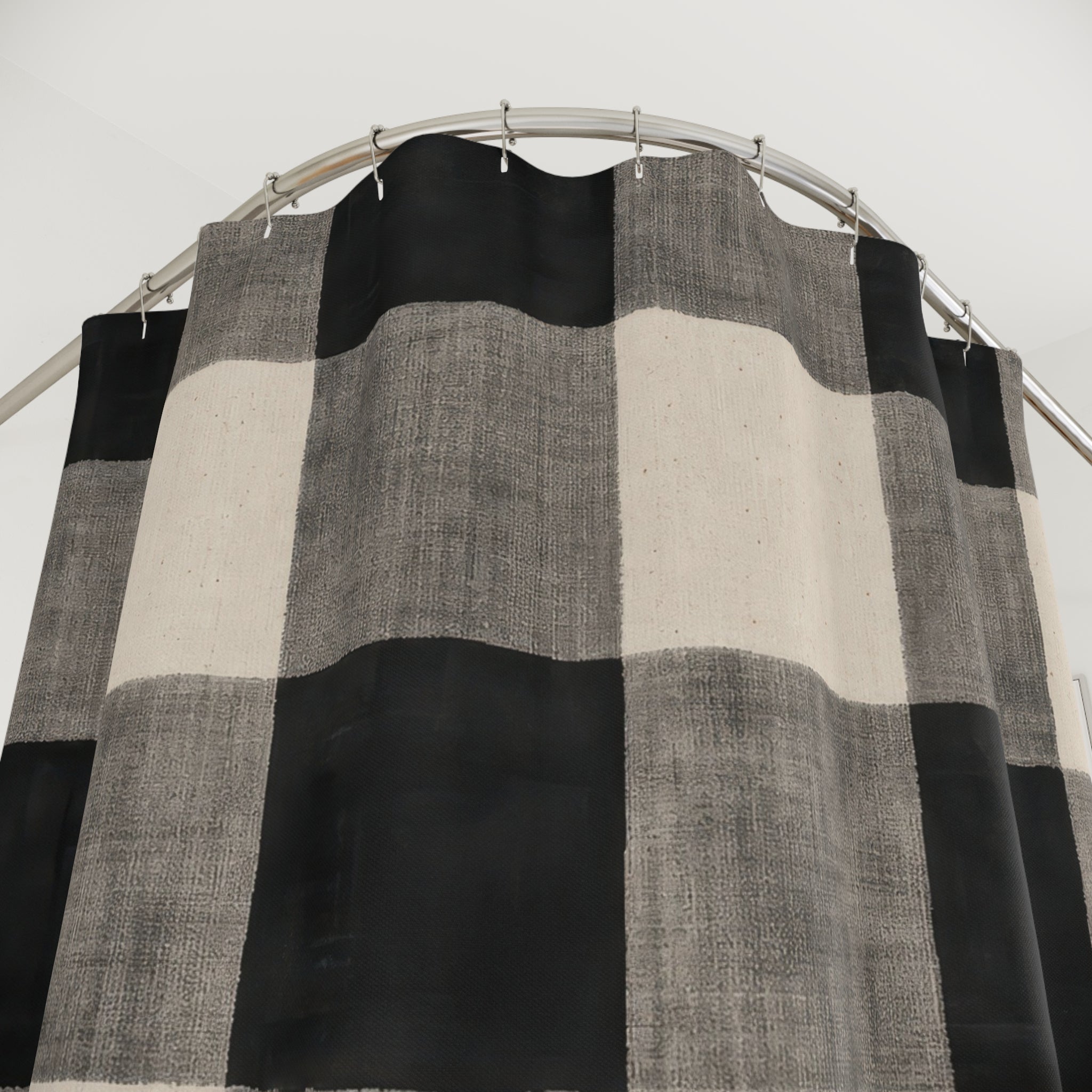 Buffalo Plaid Shower Curtain, Black White Farmhouse Bath Decor, Large Checkered Pattern, Classic Neutral Guest Bathroom Decor Style