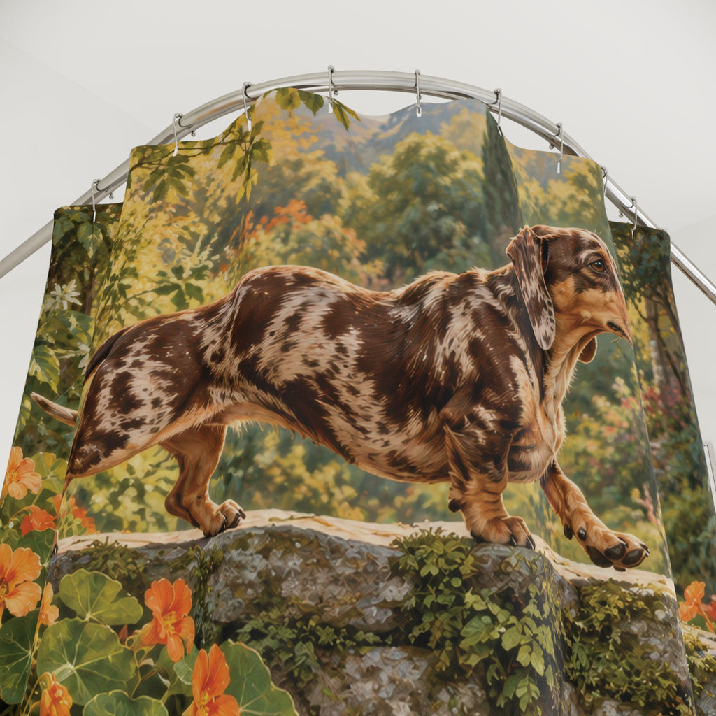 Dapple dachshund on a garden bridge shower curtain with close-up print, hooks, and folds
