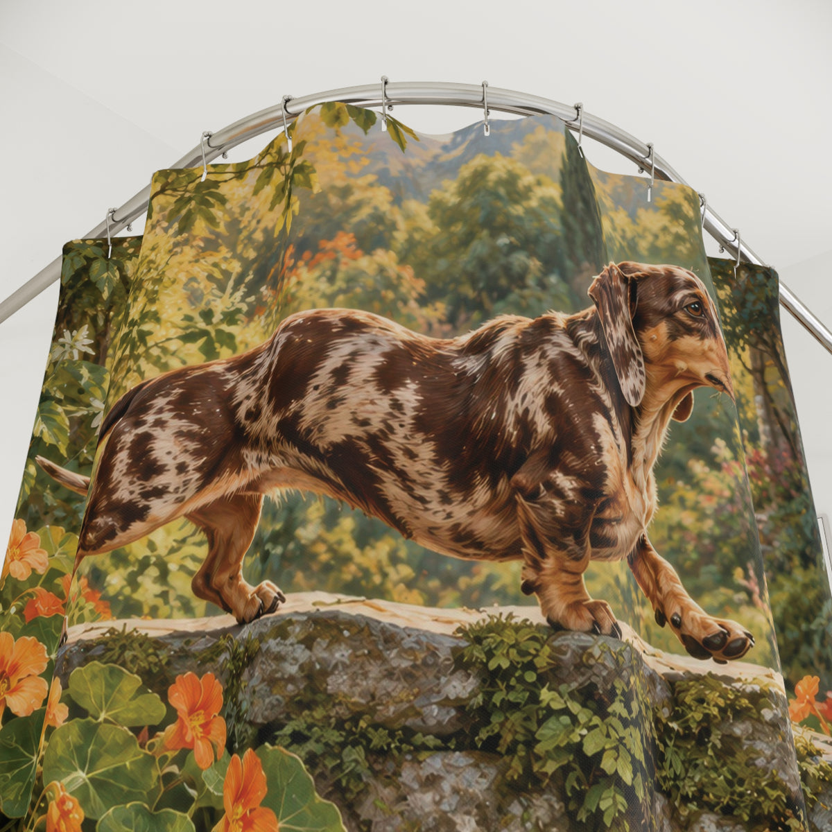 Dapple dachshund on a garden bridge shower curtain with close-up print, hooks, and folds