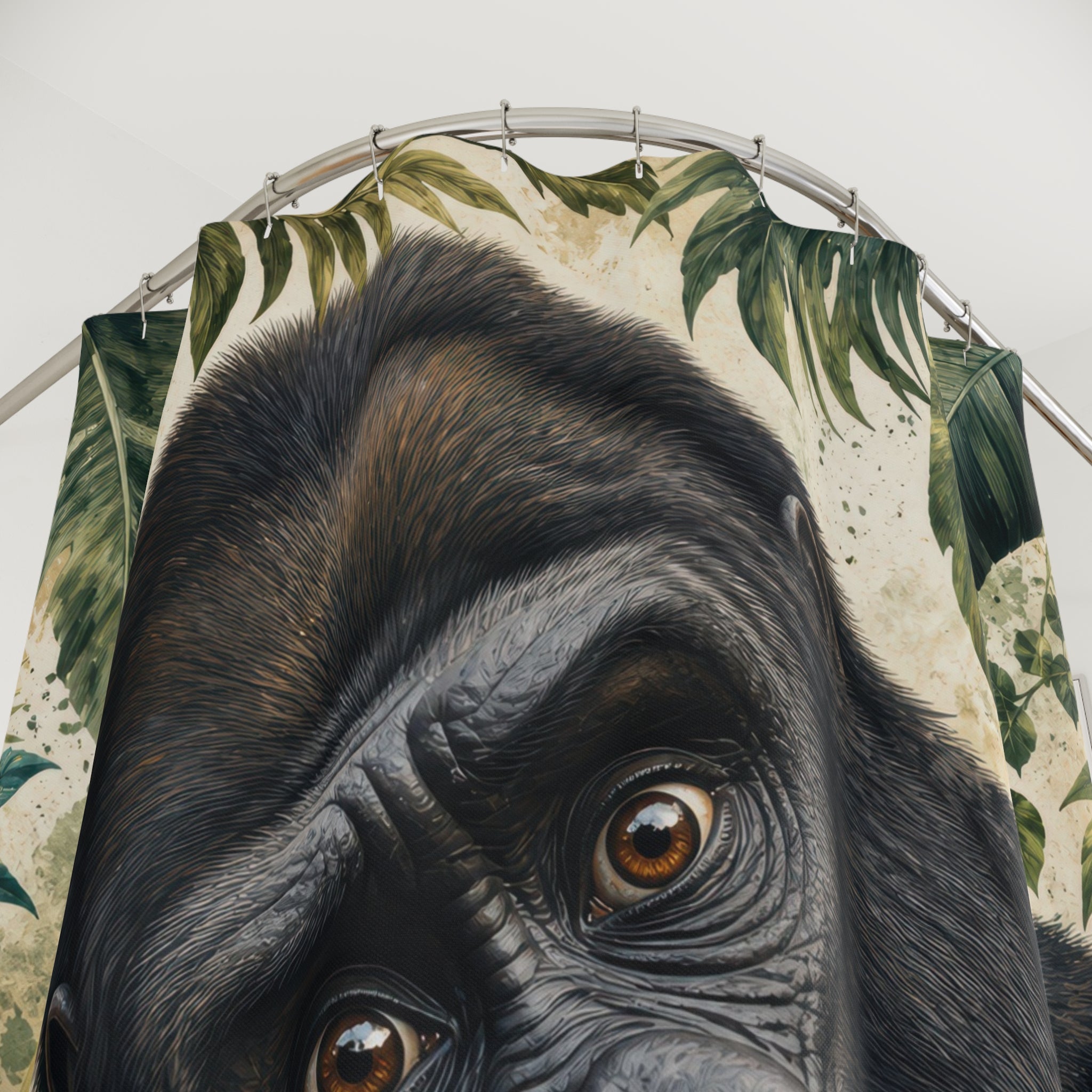 Unique Funny Gorilla Shower Curtain, Jungle Animal Portrait Art, Green Tropical Bathroom Decor, Tropical Wall Guest Bath Gift For Home