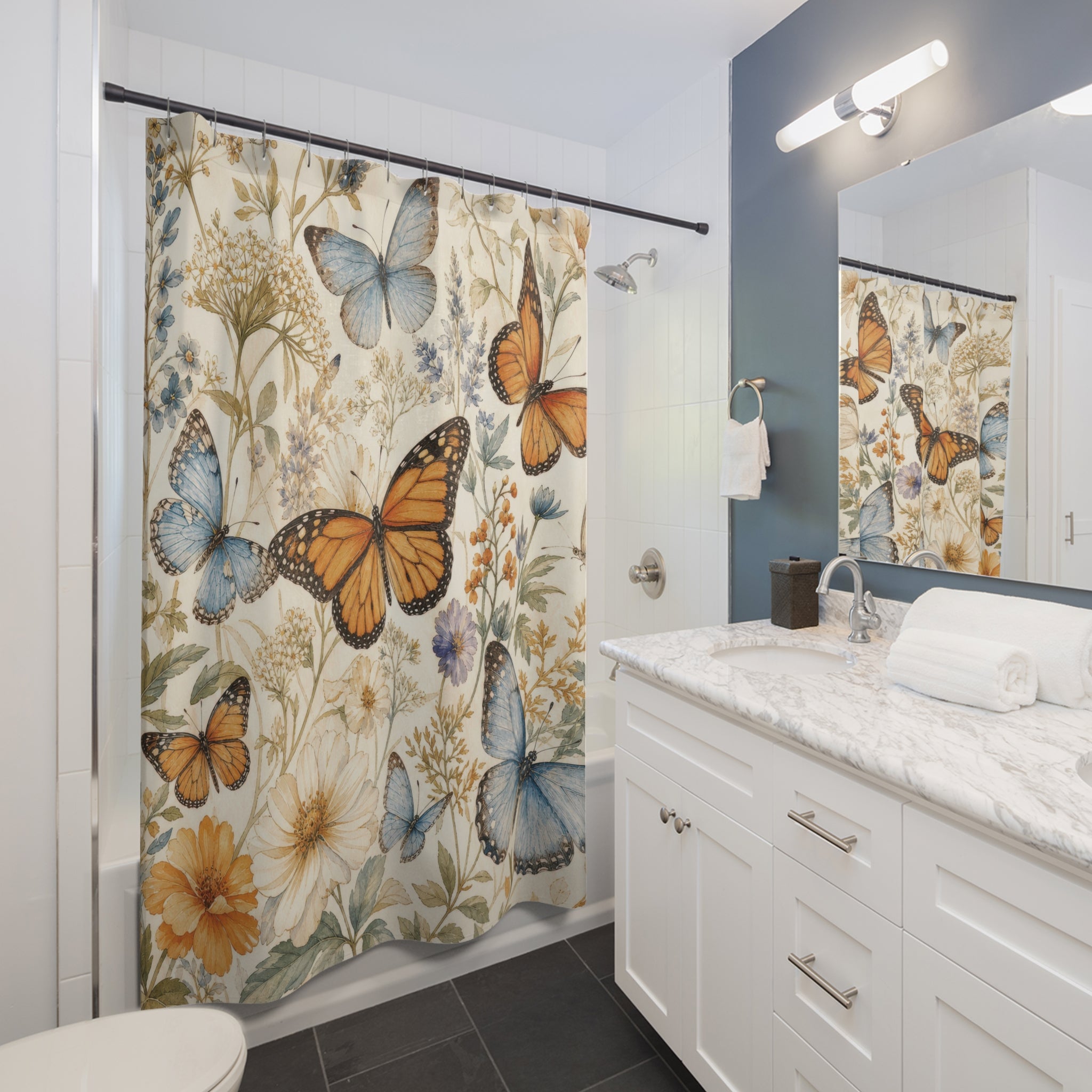Butterfly Shower Curtain: Blue Orange Floral Garden Pattern