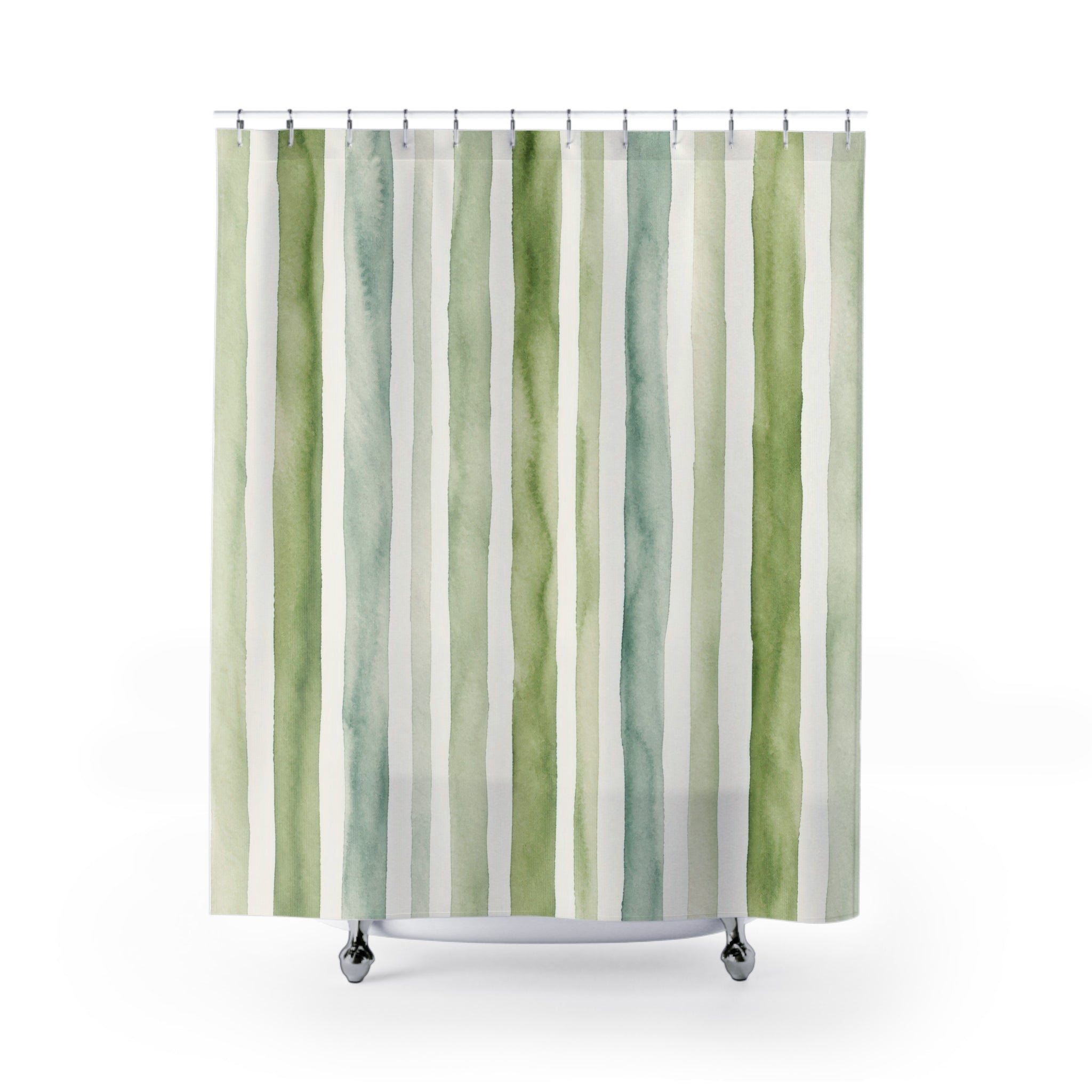 Sage Green White Brush Stripe Shower Curtain