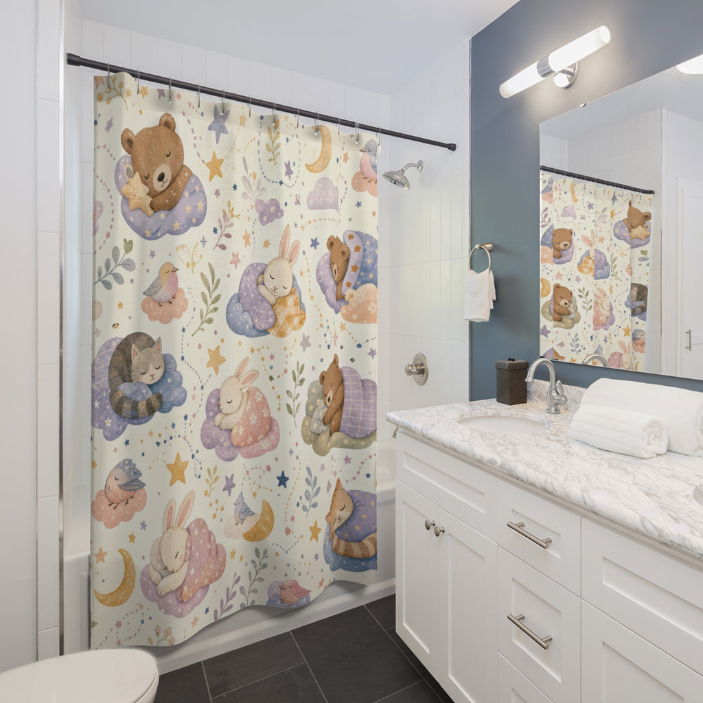 Kids Teddy Bear Shower Curtain, Sleepy Cloud Moon Pattern, Pastel Nursery Bathroom Decor, Bedtime Nursery Wall Decor Guest Bath Wall Gift