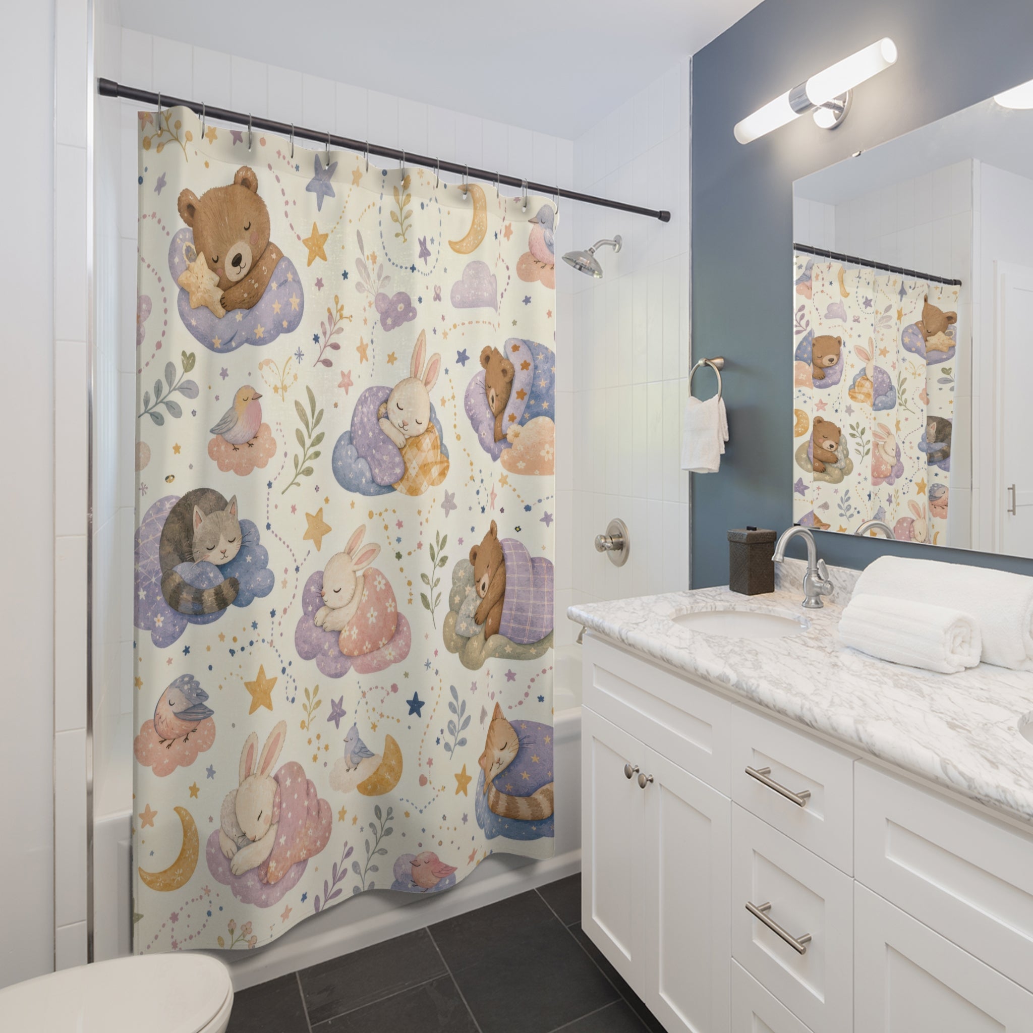 Kids Teddy Bear Shower Curtain, Sleepy Cloud Moon Pattern, Pastel Nursery Bathroom Decor, Bedtime Nursery Wall Decor Guest Bath Wall Gift
