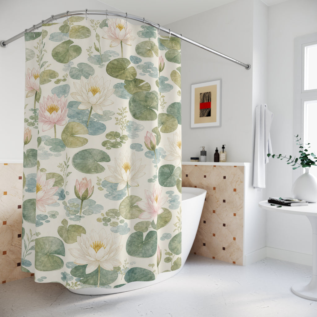 Lily Pad water soft pond shower curtain beside a freestanding tub