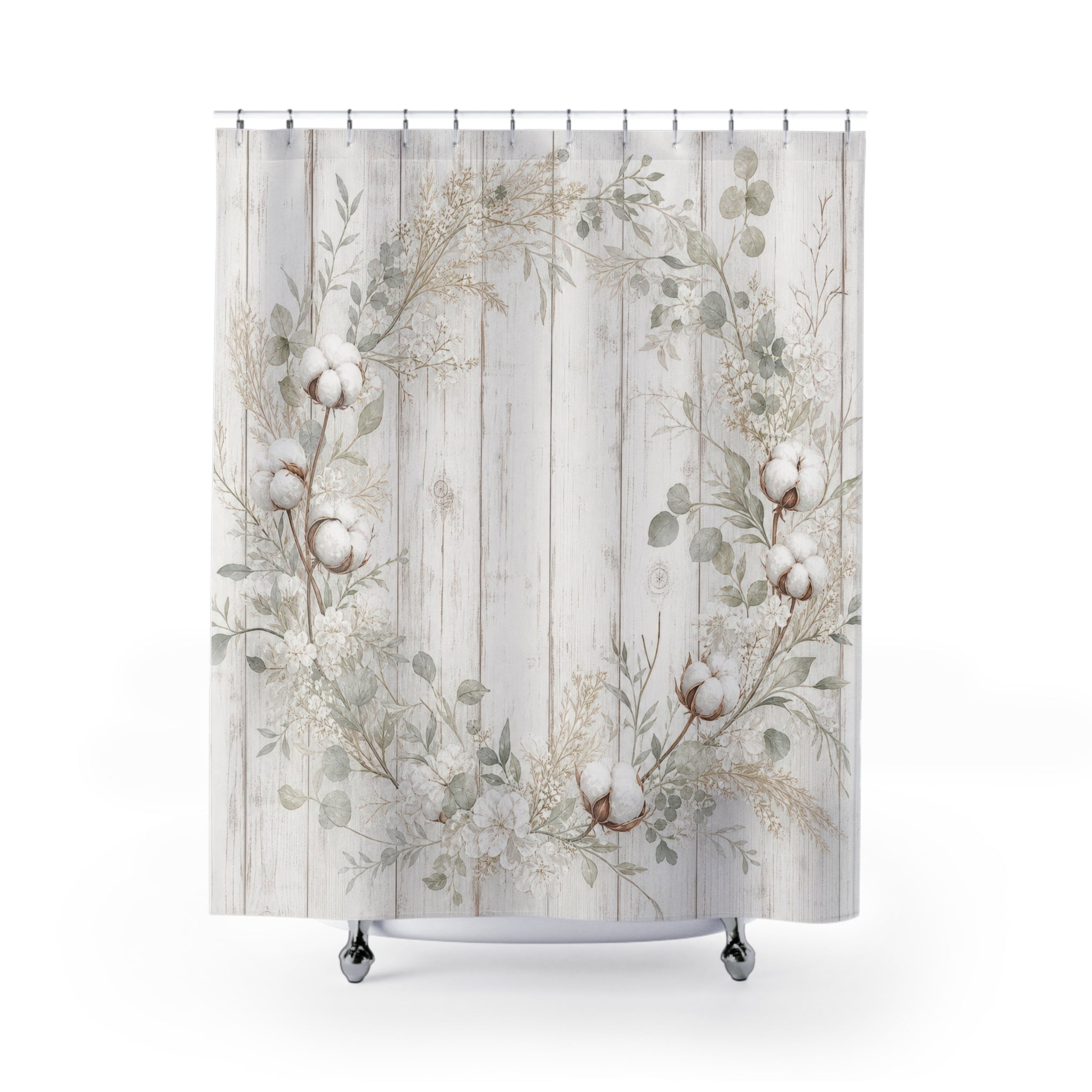 White Farmhouse Shower Curtain: Cotton Wreath Botanical