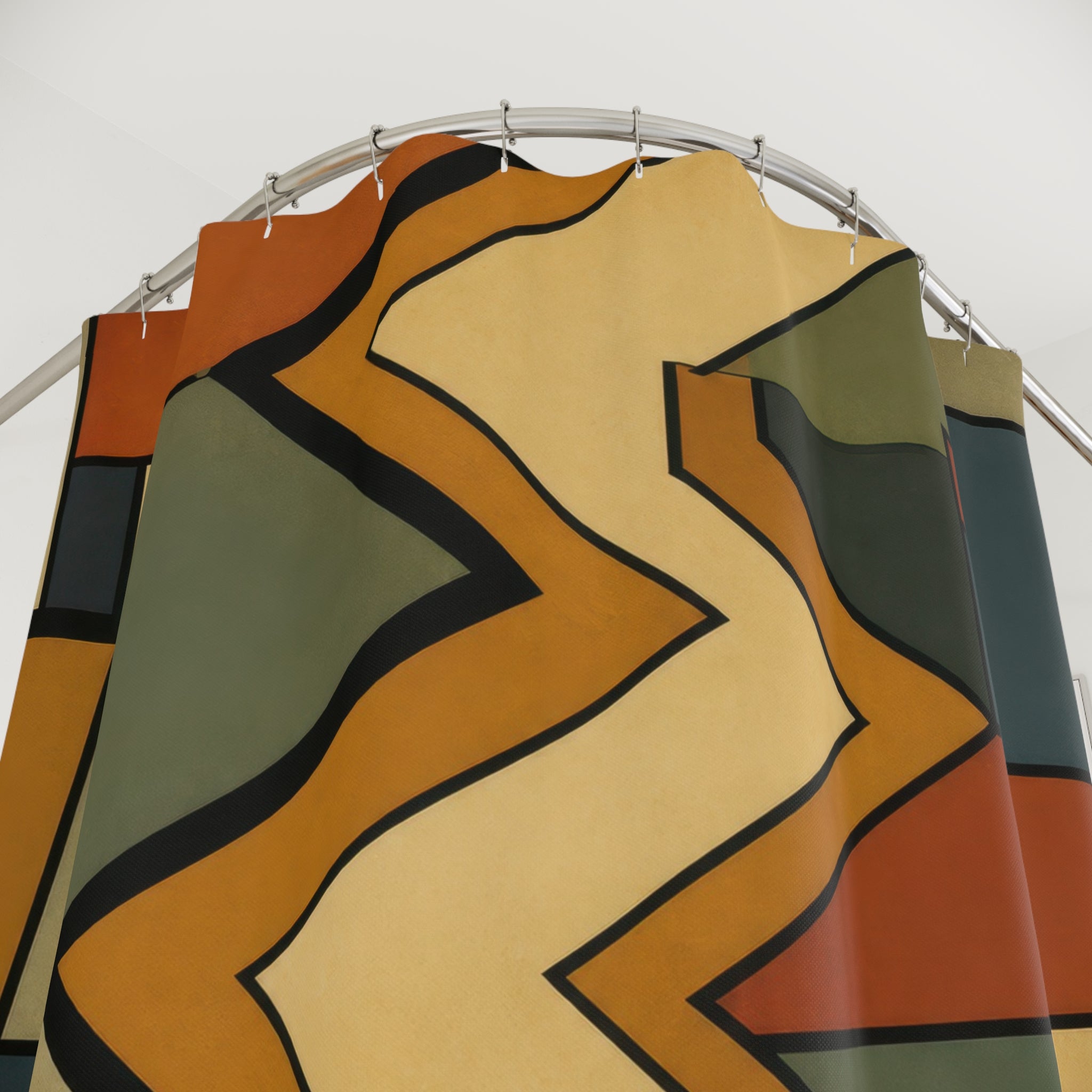 Ochre rust and sage central zigzag spine with compartments shower curtain with close-up print, hooks, and folds