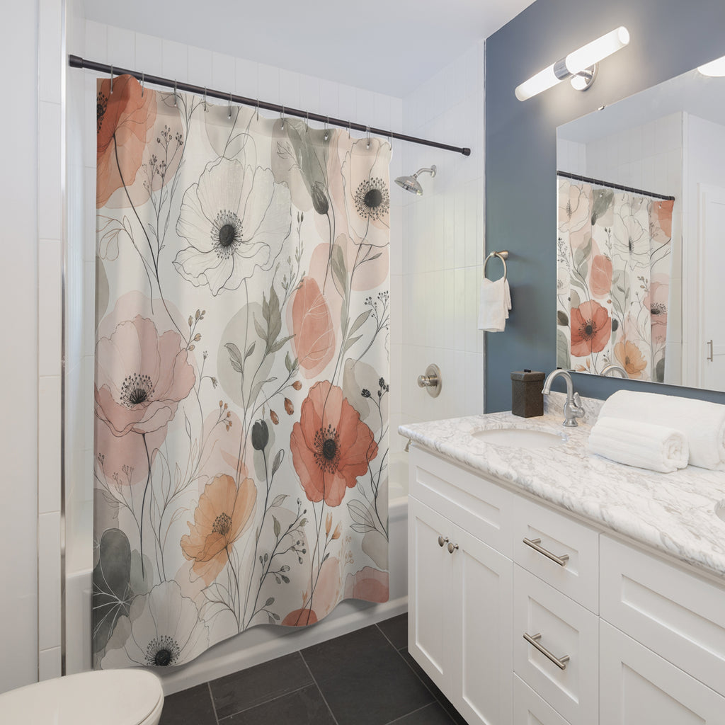 Coral Peach Poppy Flower Shower Curtain