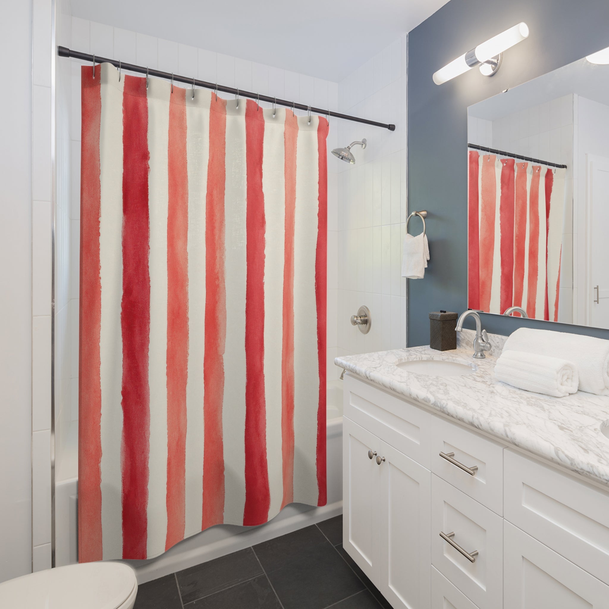 Watercolor Coral Stripe Shower Curtain