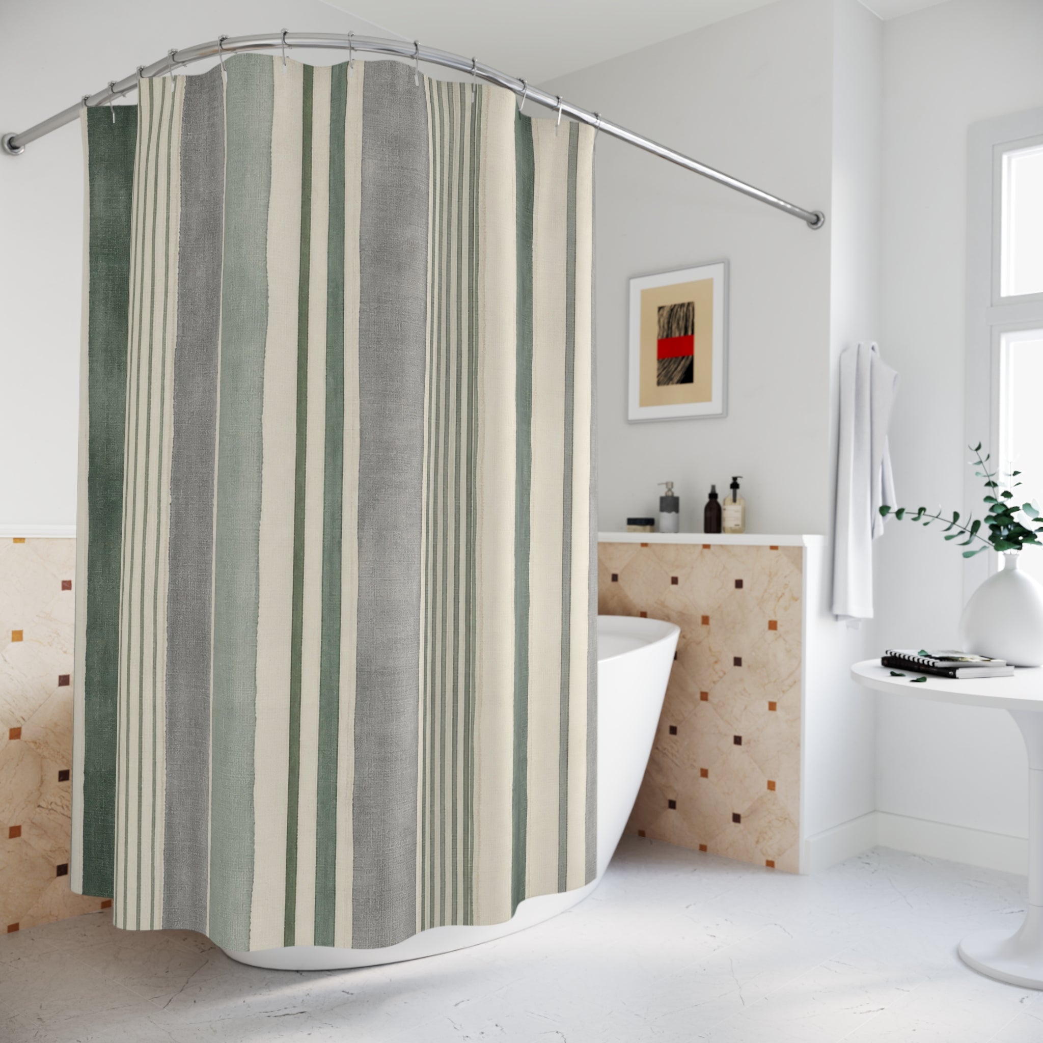 Sage Green Stripe Watercolor Vertical Striped Shower Curtain